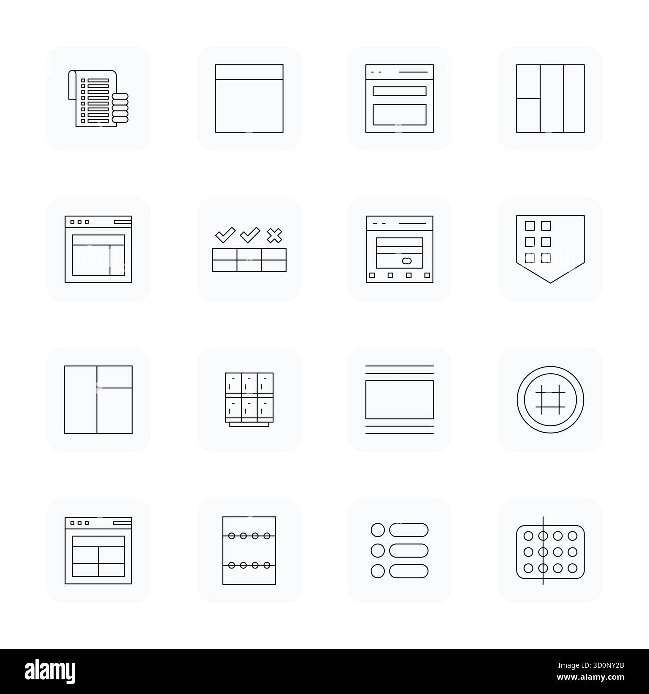 Entdecken Sie 16 Vektorsymbole mit dünnem Konturraster in 64x64-Auflösung, inspiriert von Row. Perfekt für Web- und App-Schnittstellen. Stock Vektor