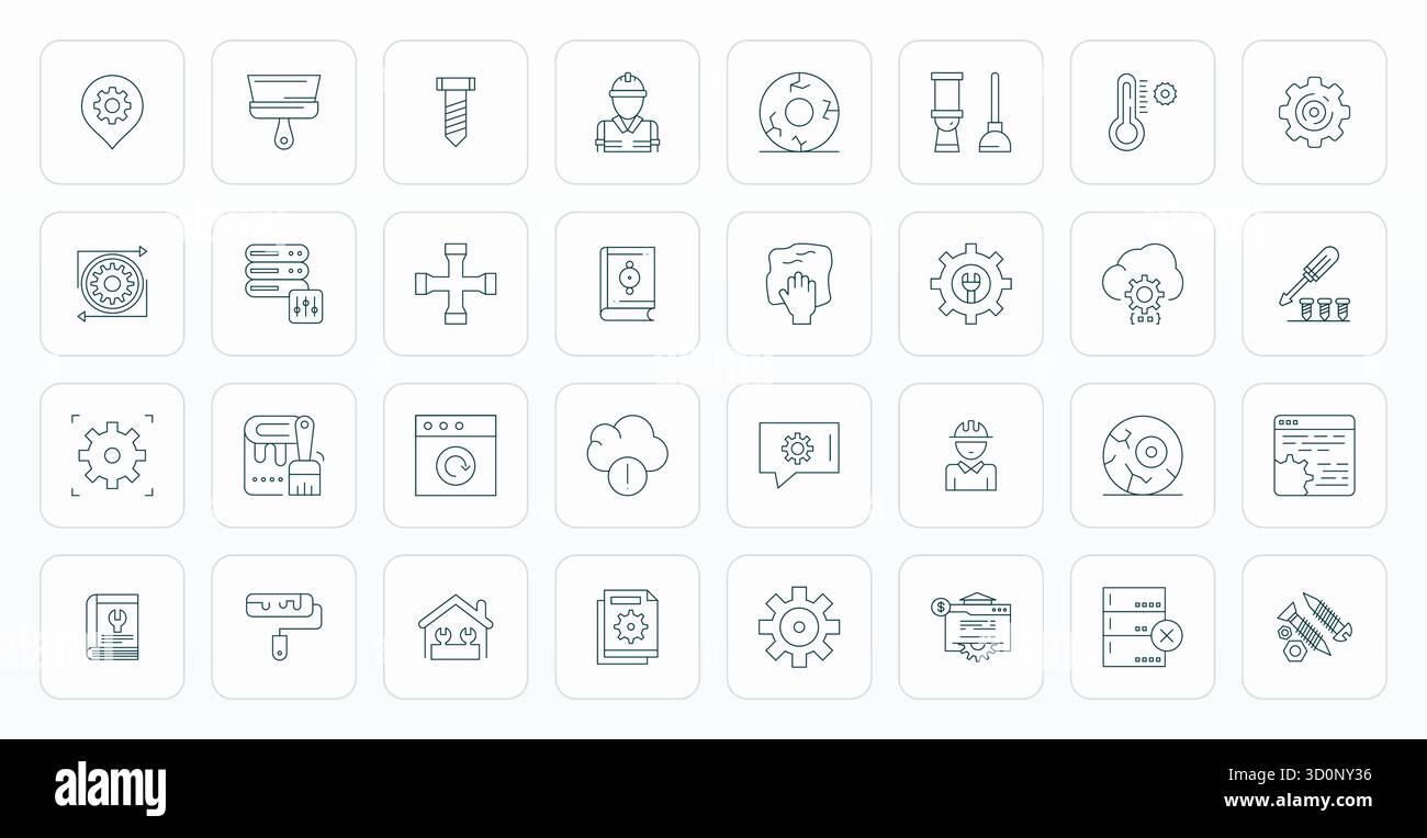 Wunderschön gerenderte 32 Thin Line Grid angepasste Vektorsymbole für Wartung, erstellt mit hoher Auflösung für beeindruckende visuelle Konsistenz Acro Stock Vektor