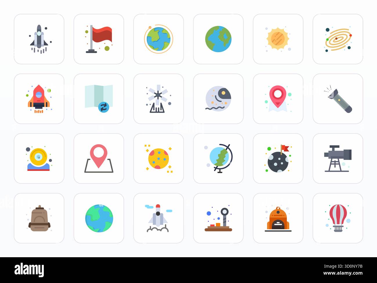 Set aus 24 flachen Pixeln ausgerichteten Vektorsymbolen, die sich um Exploration drehen, in Retina Ready-Auflösung für eine nahtlose Integration in Apps und Websites. Stock Vektor