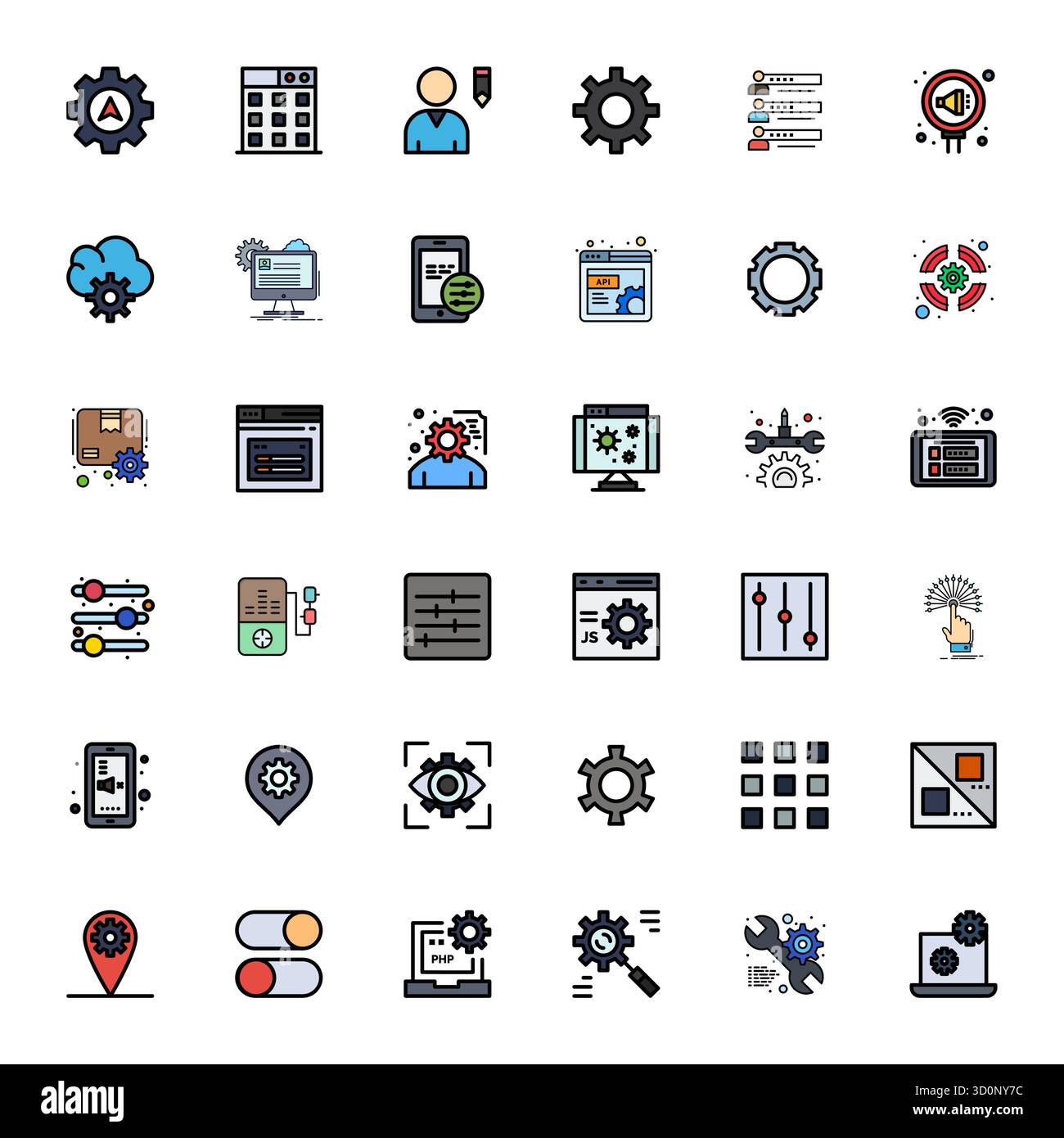 Dieses Vektor-Symbol-Paket für Einstellungen enthält 36 Designs mit flachen Linien im optimierten Format Retina Ready Pixel, perfekt für die Verbesserung digitaler Schnittstellen. Stock Vektor