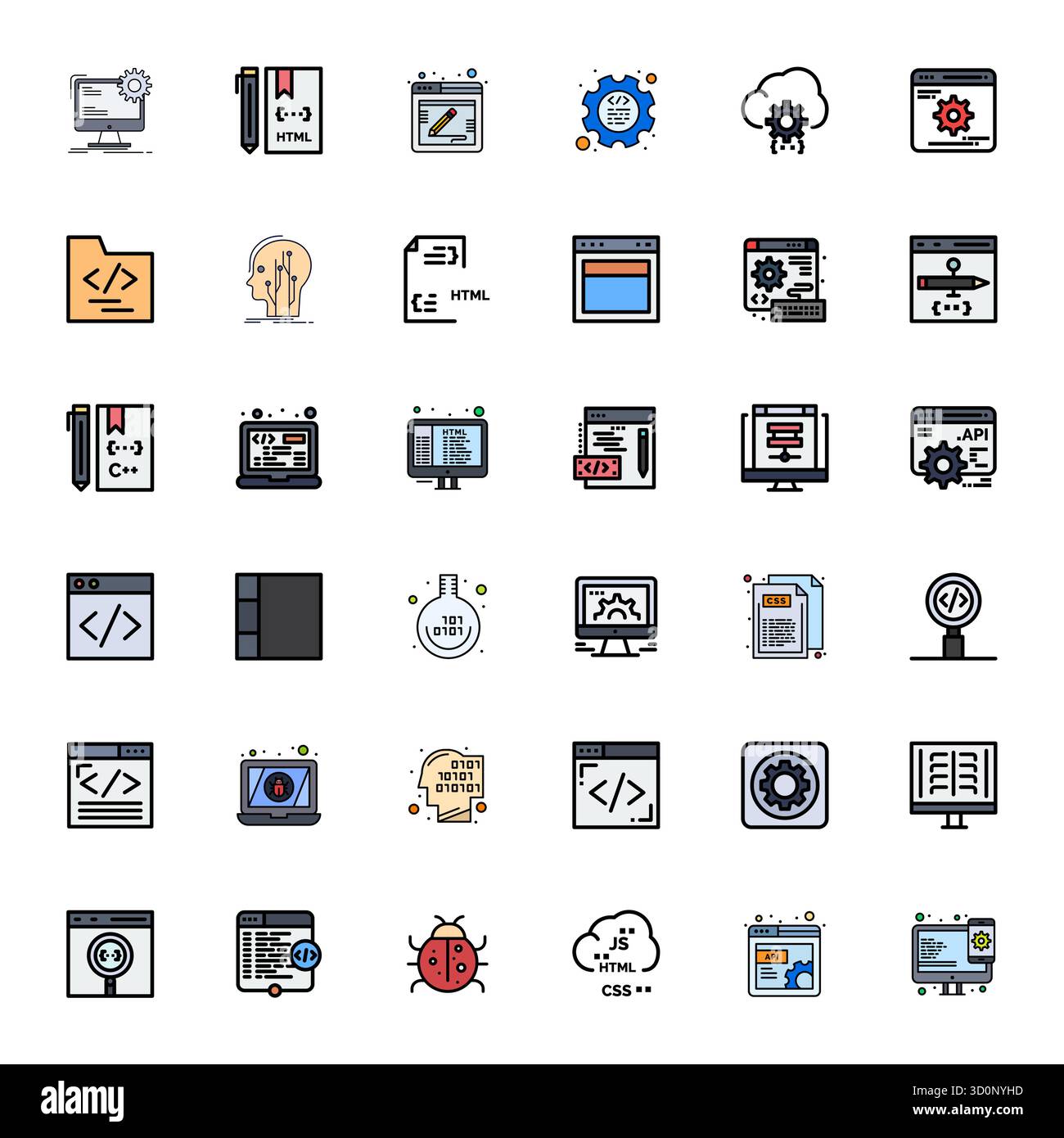 Optimieren Sie Ihre Projekte mit 36 mit flachen Linien gefüllten Vektorsymbolen rund um die Programmierung mit einer bearbeitbaren Auflösung von 256 x 256, ideal für saubere und professionelle Anwendungen Stock Vektor