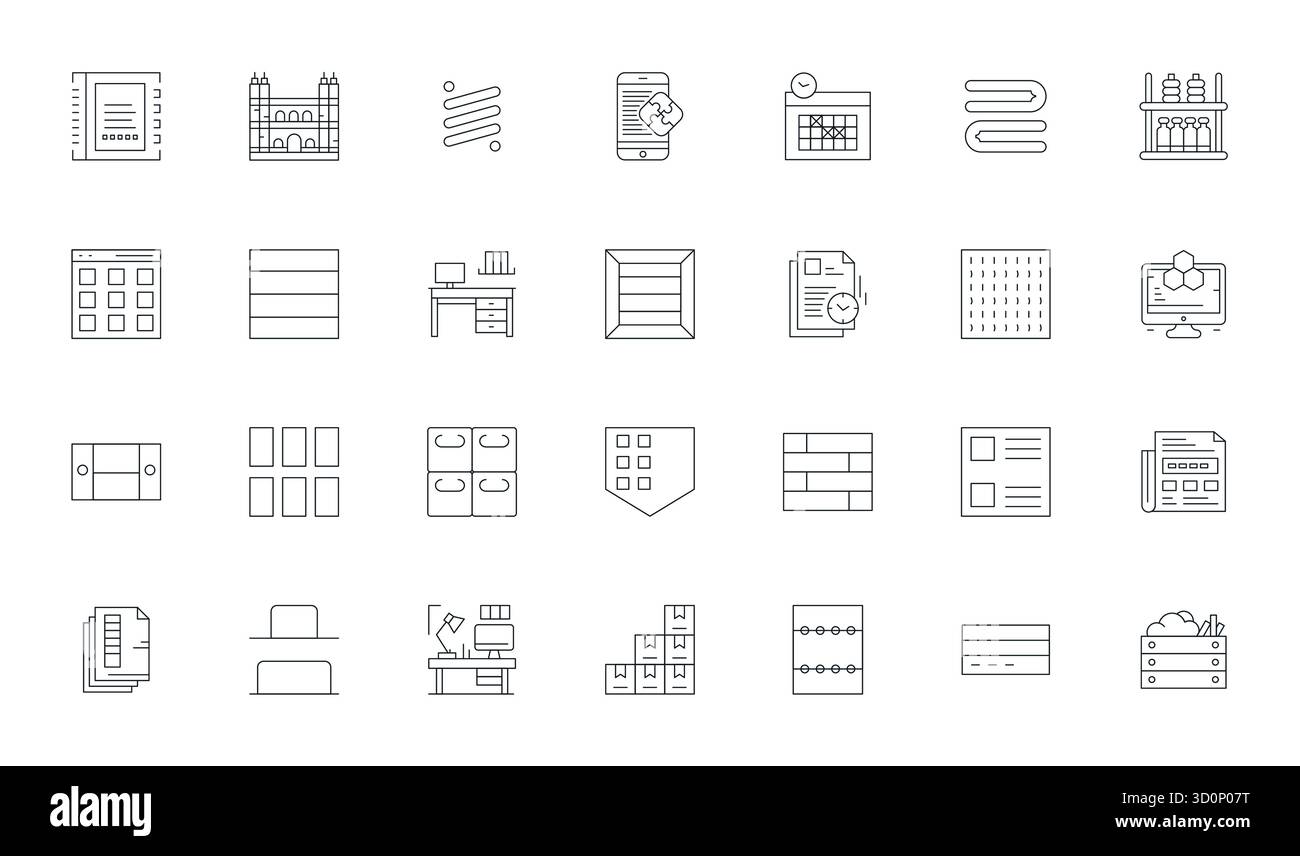 Sorgfältig gefertigte 28 Thin Line Vektorsymbole für organisierte, in 64x64 Grid angepasste Qualität für kompromisslose Designstandards. Stock Vektor