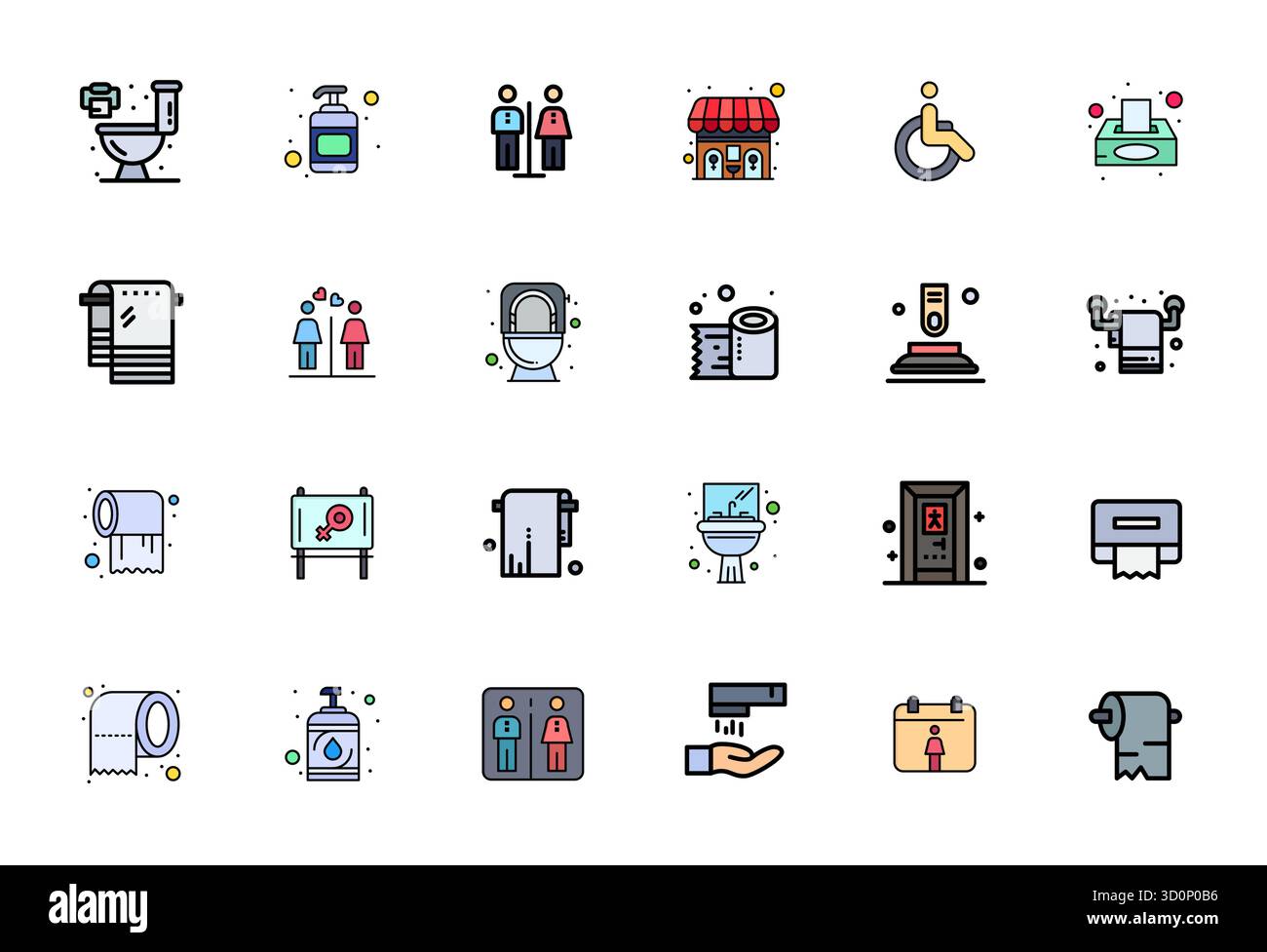 Innovatives Paket mit 24 Vektorsymbolen rund um Toiletten, das Line-gefüllte Design im Format 64x64 Pixel für moderne digitale Lösungen präsentiert. Stock Vektor