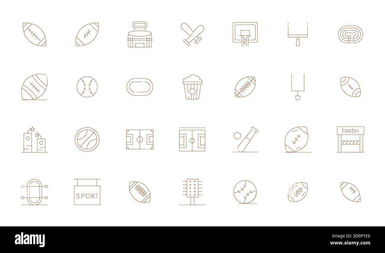 Erweiterte Sammlung von 28 editierbaren Vektorsymbolen, inspiriert vom Stadium, in Thin Line mit Retina Ready-Optimierung für überragende visuelle Leistung Stock Vektor