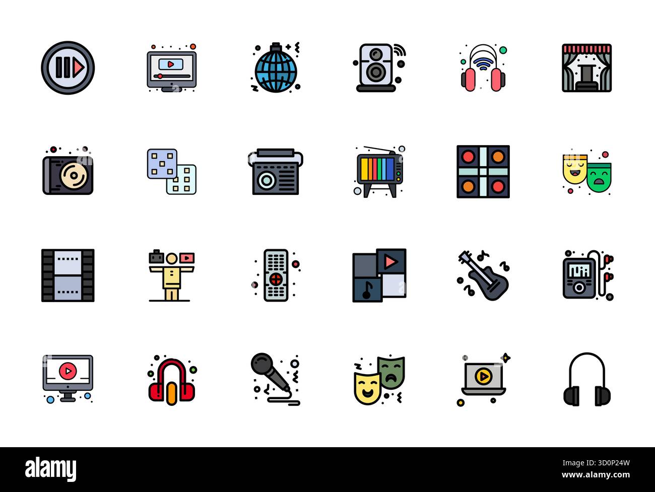 Entdecken Sie ein Set von 24 Zeilen gefüllten Vektorsymbolen, die speziell für das Entertainment-Thema entwickelt wurden, mit 256 x 256 Display Perfect Designs, ideal für moderne UI/UX PR Stock Vektor