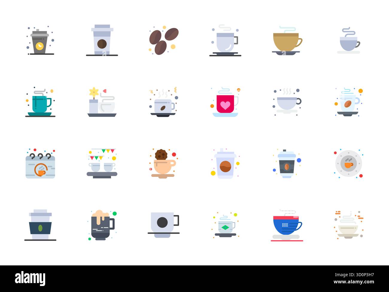 Entsperren Sie 24 Flat Detail Enhanced Vektorsymbole, die vom Morgenkaffee inspiriert wurden und im hochauflösenden Format für eine fehlerfreie Anzeige auf allen Geräten optimiert wurden. Stock Vektor
