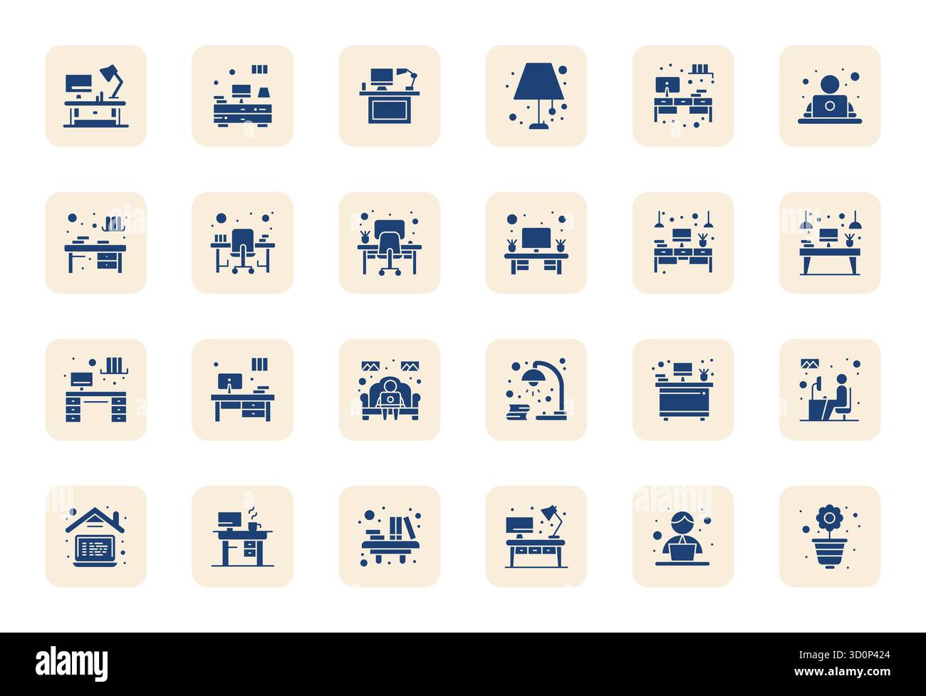 Die ultimative Sammlung von 24 Vektorsymbolen, die das Home Office in voller Ästhetik darstellen, optimiert mit einer optimierten Auflösung von 128x128 Pixeln für maximale Imp Stock Vektor
