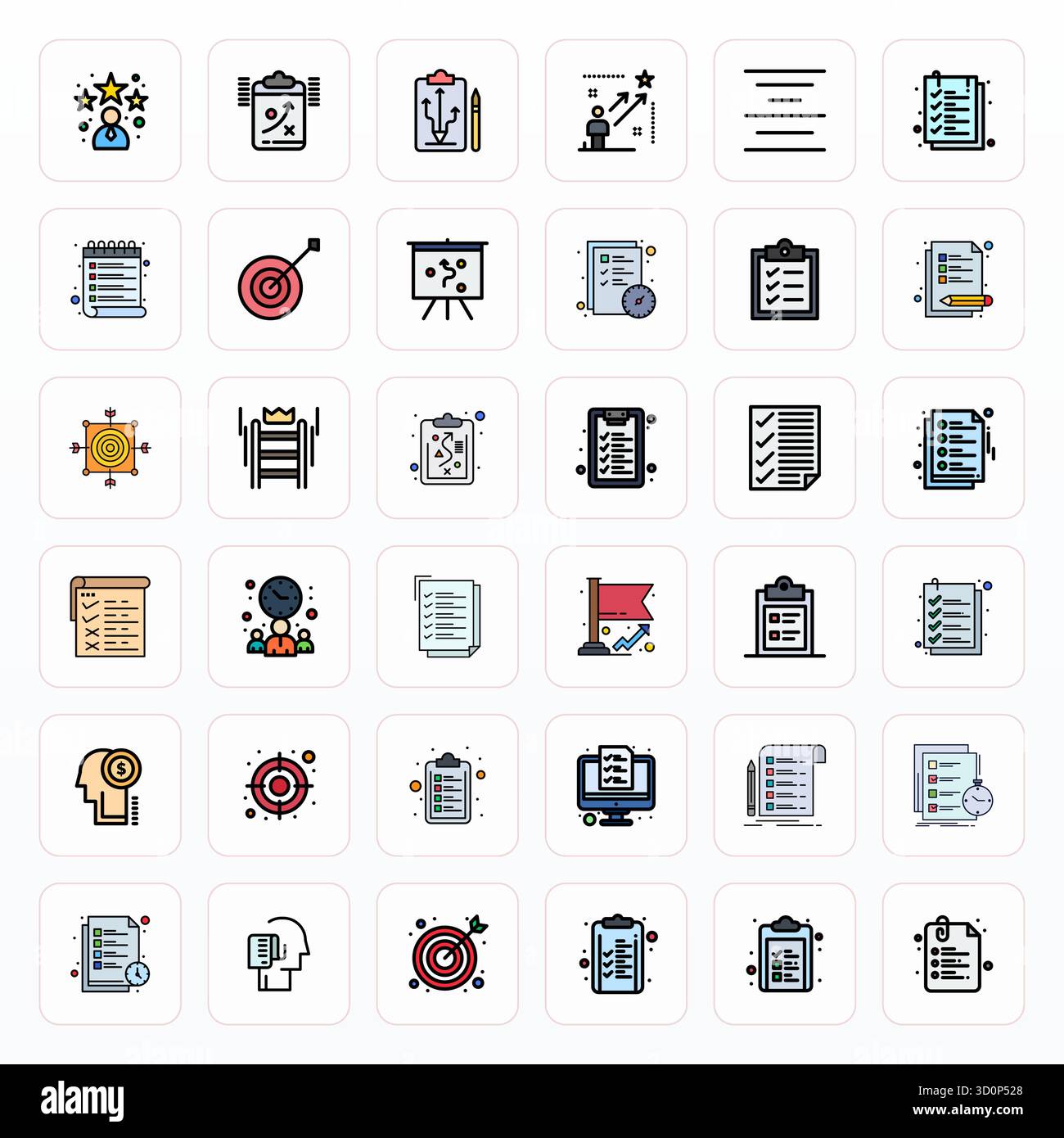 Diese Kollektion enthält 36 ausgerichtete Vektorsymbole mit gefüllter Linie, die speziell auf das Goals-Thema zugeschnitten sind und im Format 128x128 für digitales Design optimiert sind. Stock Vektor