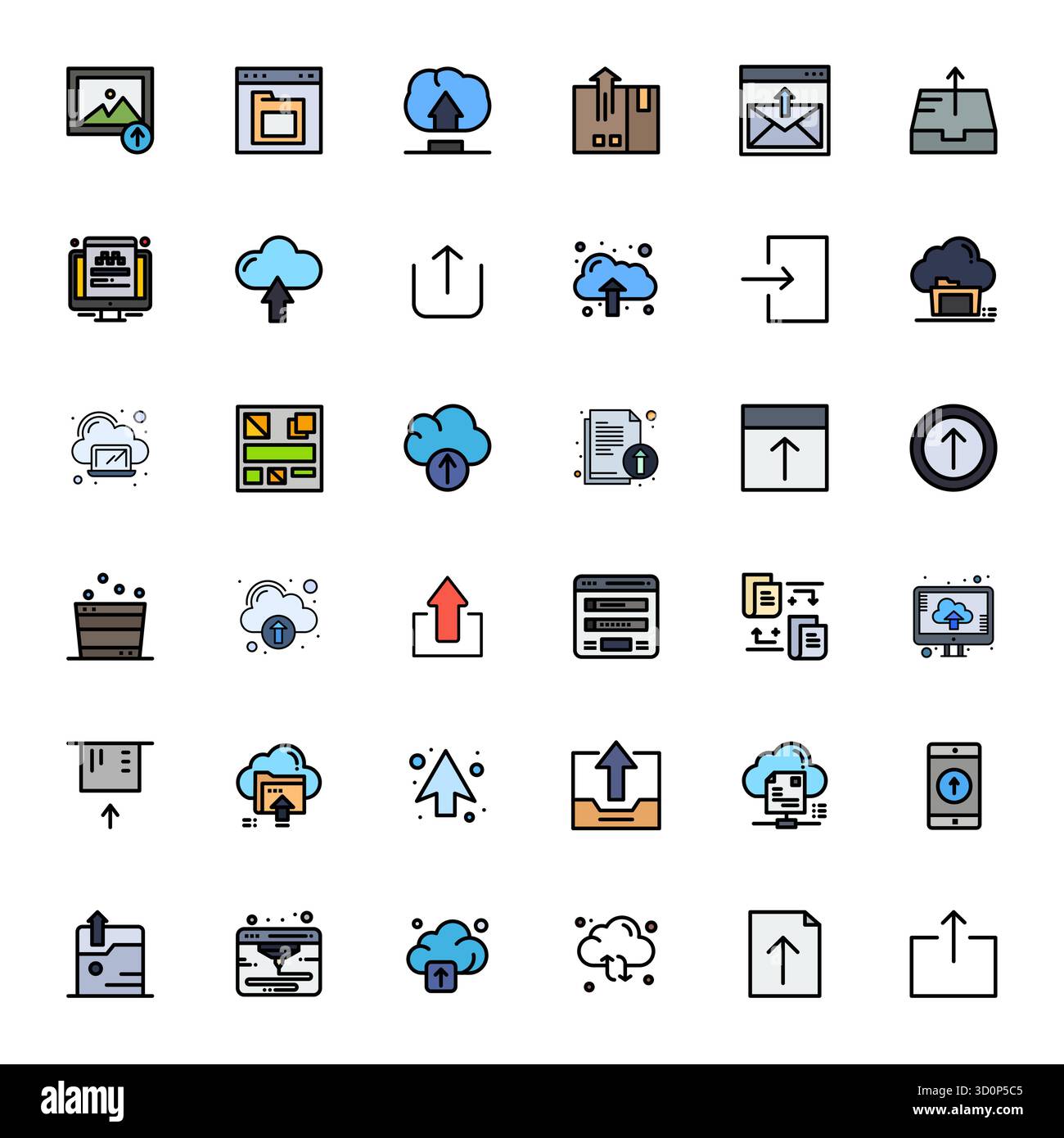 Entdecken Sie eine Reihe von 36 zeilengefüllten Vektorsymbolen, die speziell für das Thema „Datei-Upload“ entwickelt wurden. Sie bieten 256 x 256 PIXEL perfekte Designs, die ideal für moderne UI/UX-Projekte sind Stock Vektor