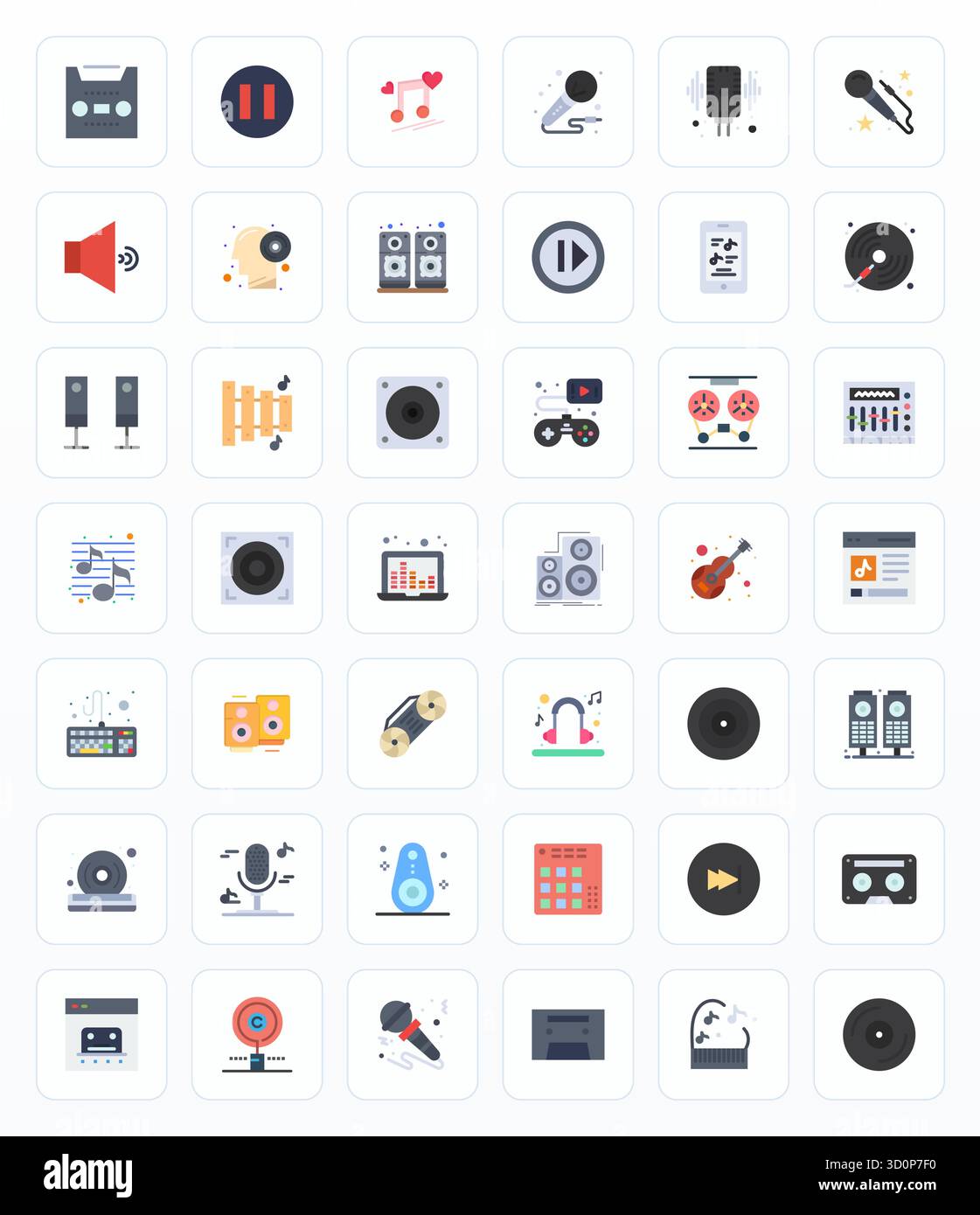 Raffiniertes Paket mit 42 flachen Vektorsymbolen für Musik, optimiert mit 64x64 Gitterqualität für elegante und funktionale Designlösungen. Stock Vektor