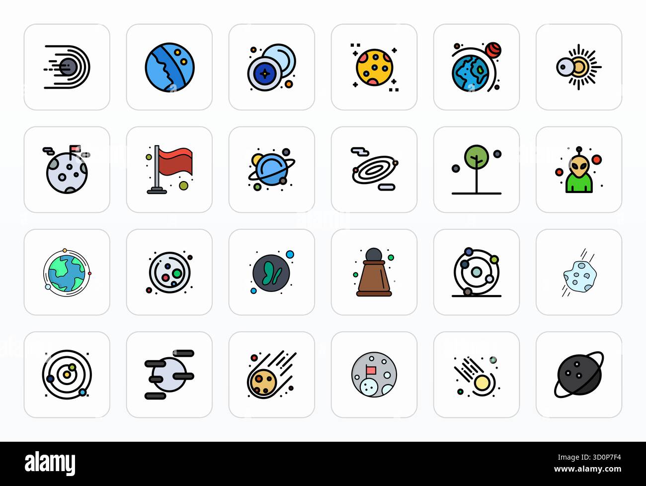 Revolutionärer Satz von 24 Pixel ausgerichteten Vektorsymbolen, inspiriert vom Sonnensystem, erstellt im gefüllten Linienformat mit hoher Auflösung für Schneiden-e Stock Vektor Revolutionärer Satz von 24 Pixel ausgerichteten Vektorsymbolen, inspiriert vom Sonnensystem, erstellt im gefüllten Linienformat mit hoher Auflösung für Schneiden-e Stock Vektor