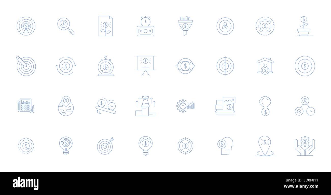 Eine übersichtliche Sammlung von 32 Thin Line Vektorsymbolen, die den ROI darstellen, im hochauflösenden Format mit Gitter für moderne Dashboards und Schnittstellen. Stock Vektor