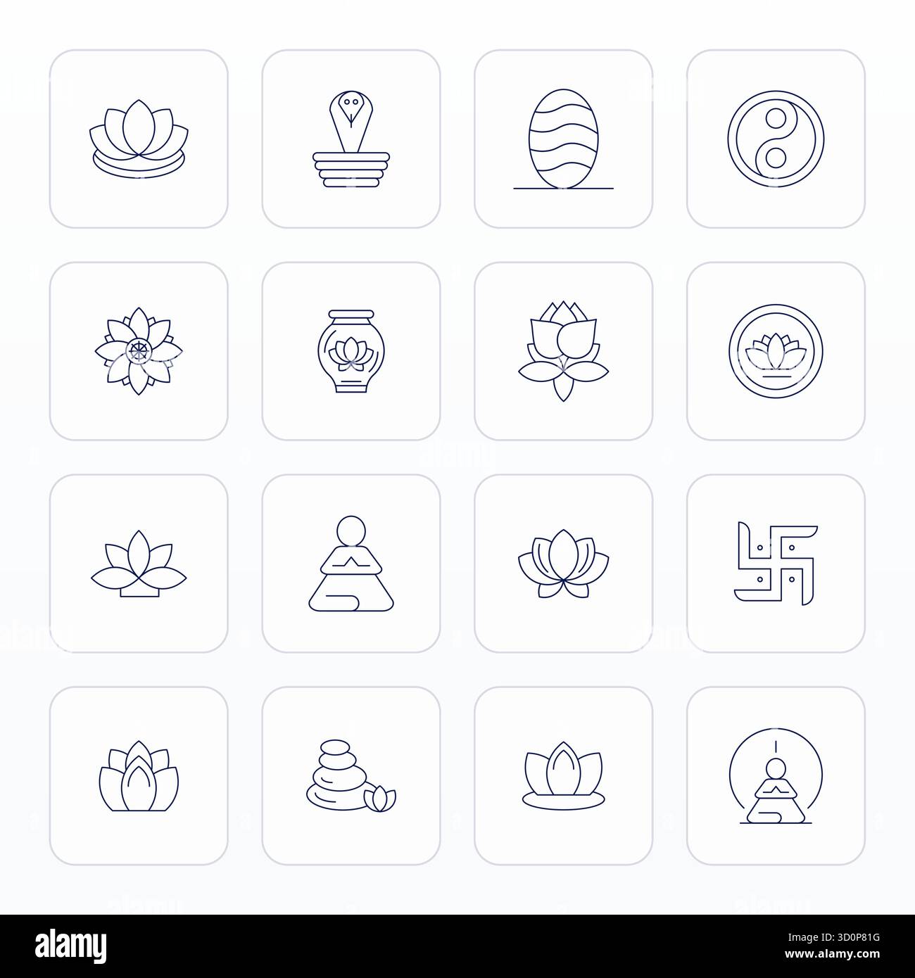 Ein vielseitiger Satz von 16 Thin Line Pixel optimierten Vektorsymbolen mit Schwerpunkt auf Yoga, geliefert in gestochen scharfem Retina Ready-Format, ideal für mobile Anwendungen und Web-Anwendungen Stock Vektor