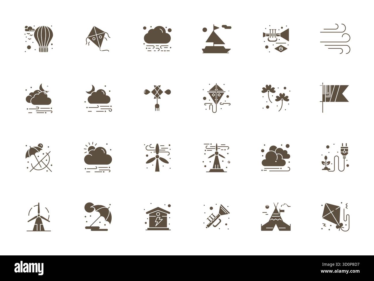 Ausgeklügeltes Paket mit 24 gefüllten Vektorsymbolen für Wind, entwickelt mit 128x128 Display für perfekte Klarheit für professionelle Anwendungen. Stock Vektor