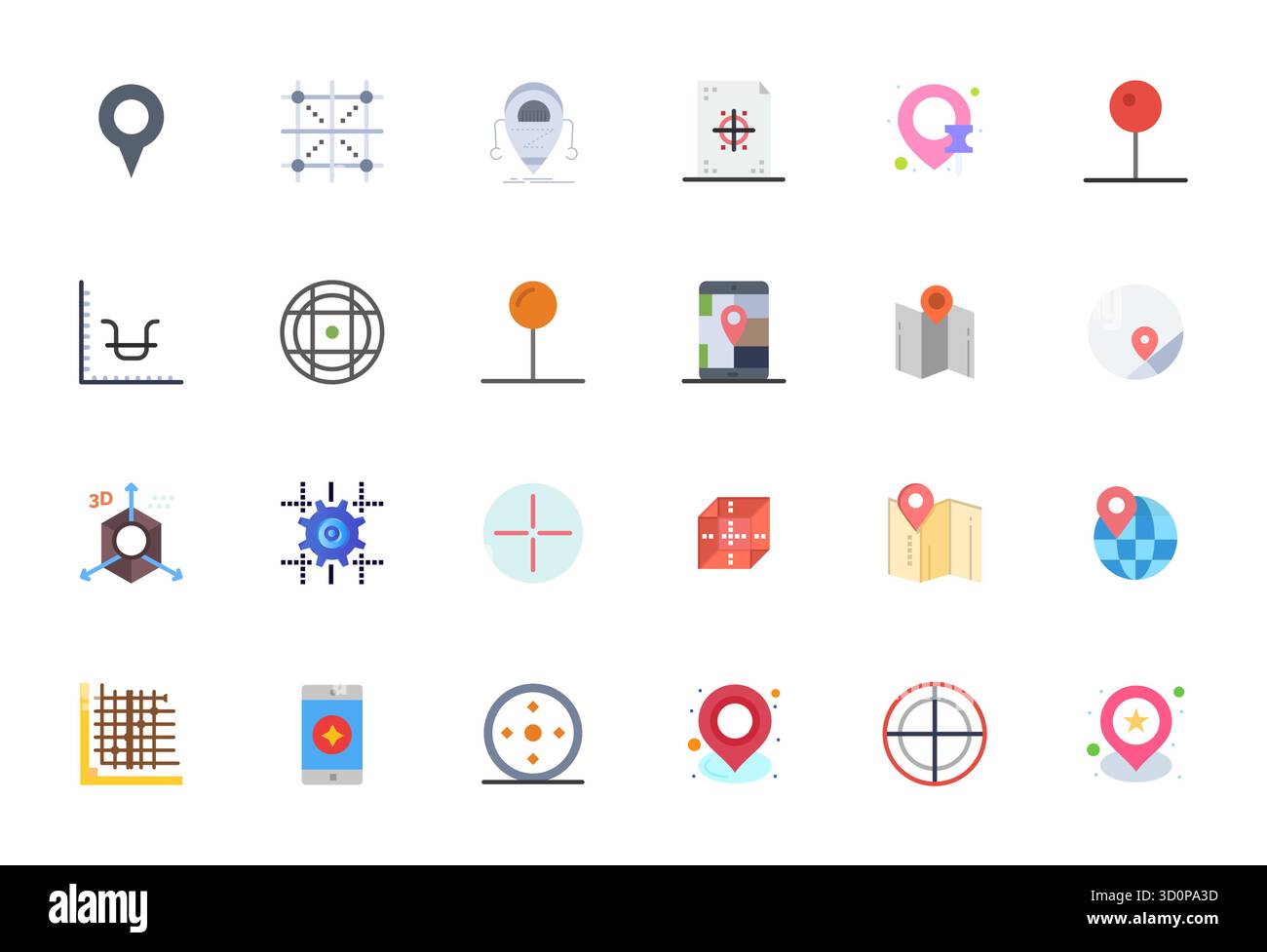 Umfassendes Toolkit mit 24 Vektorsymbolen rund um Koordinaten, entwickelt in Flat mit hochauflösender Pixelgenauigkeit für vielseitiges Design Stock Vektor