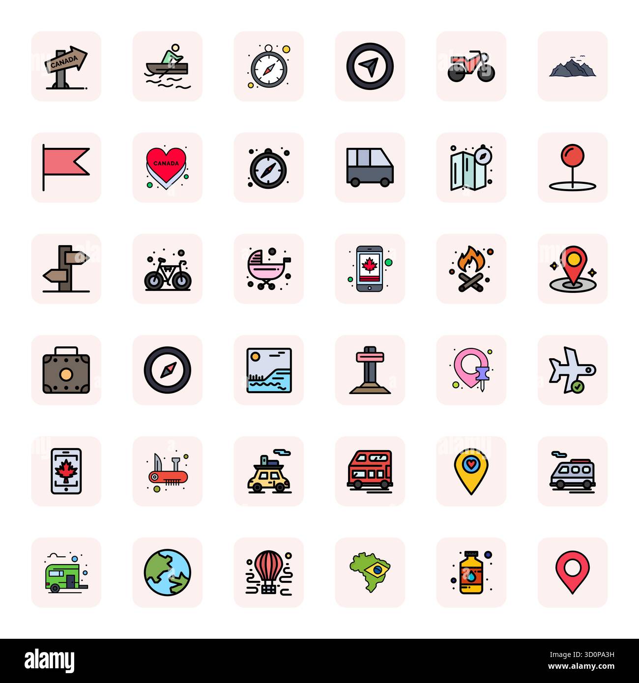 Sammlung von 36 editierbaren Vektorsymbolen für Reisen in LineFilled im Format 128x128 für Klarheit und Vielseitigkeit. Stock Vektor