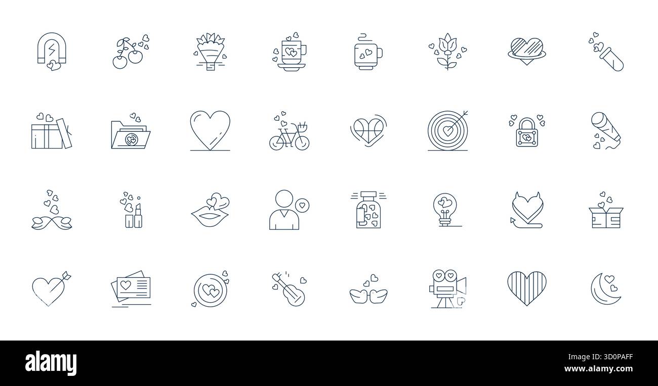 Raffiniertes Paket mit 32 Thin Line Vektorsymbolen für Passion, optimiert mit 64x64 bearbeitbarer Qualität für elegante und funktionale Designlösungen. Stock Vektor