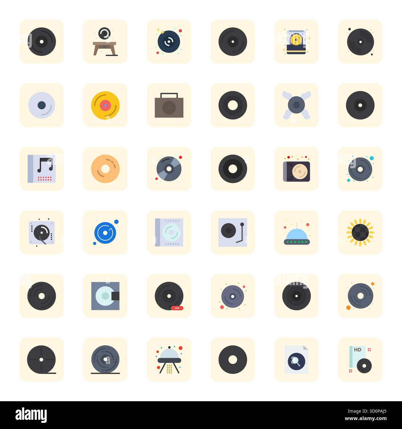 Raffiniertes Paket mit 36 flachen Vektorsymbolen für Disc, optimiert mit 64x64 Detail verbesserte Qualität für elegante und funktionale Designlösungen. Stock Vektor