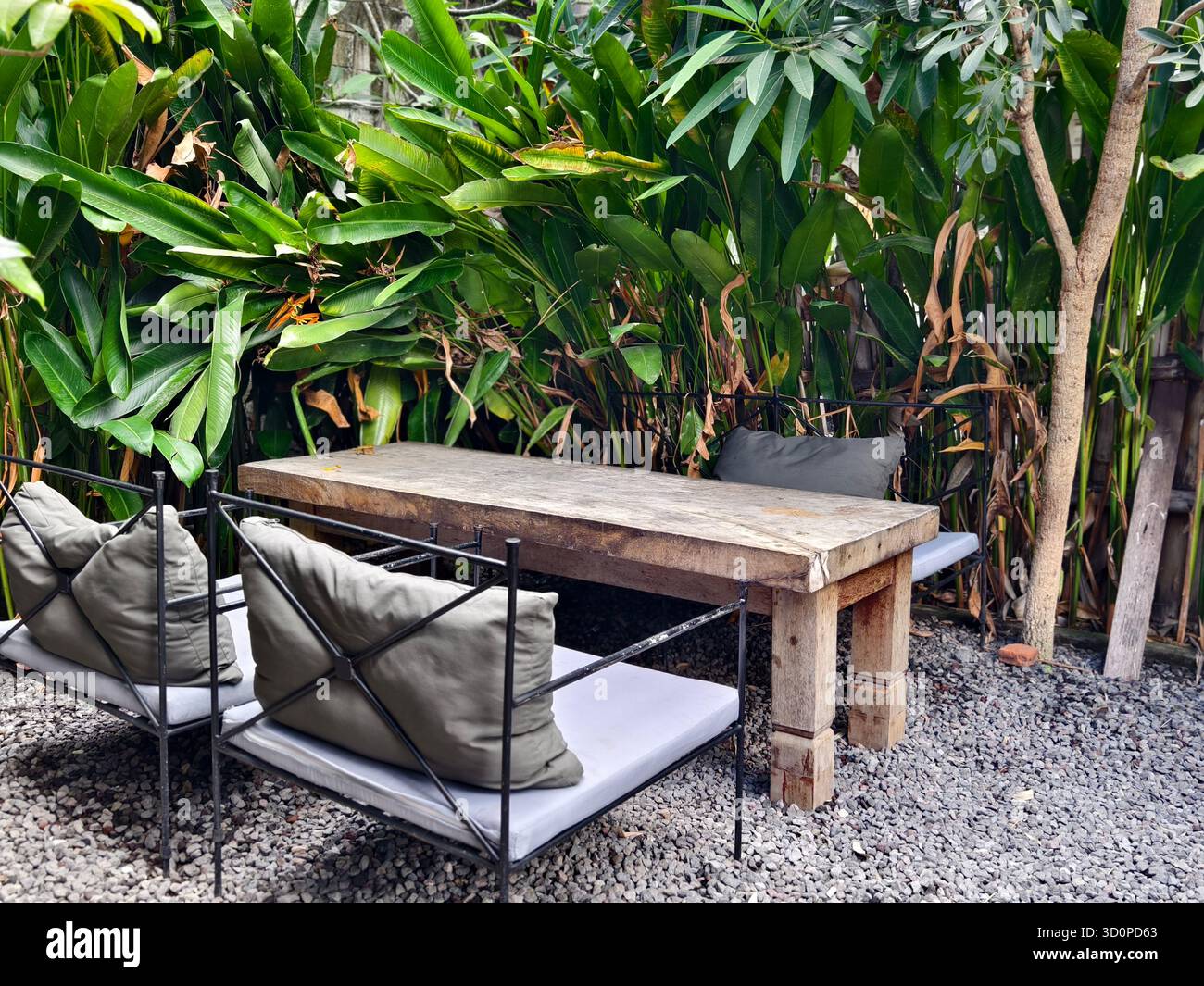 Sitzbereich im Freien mit rustikalen Holzmöbeln und Metallstühlen mit Kissen in üppigem tropischem Grün auf einem Kiesboden Stockfoto