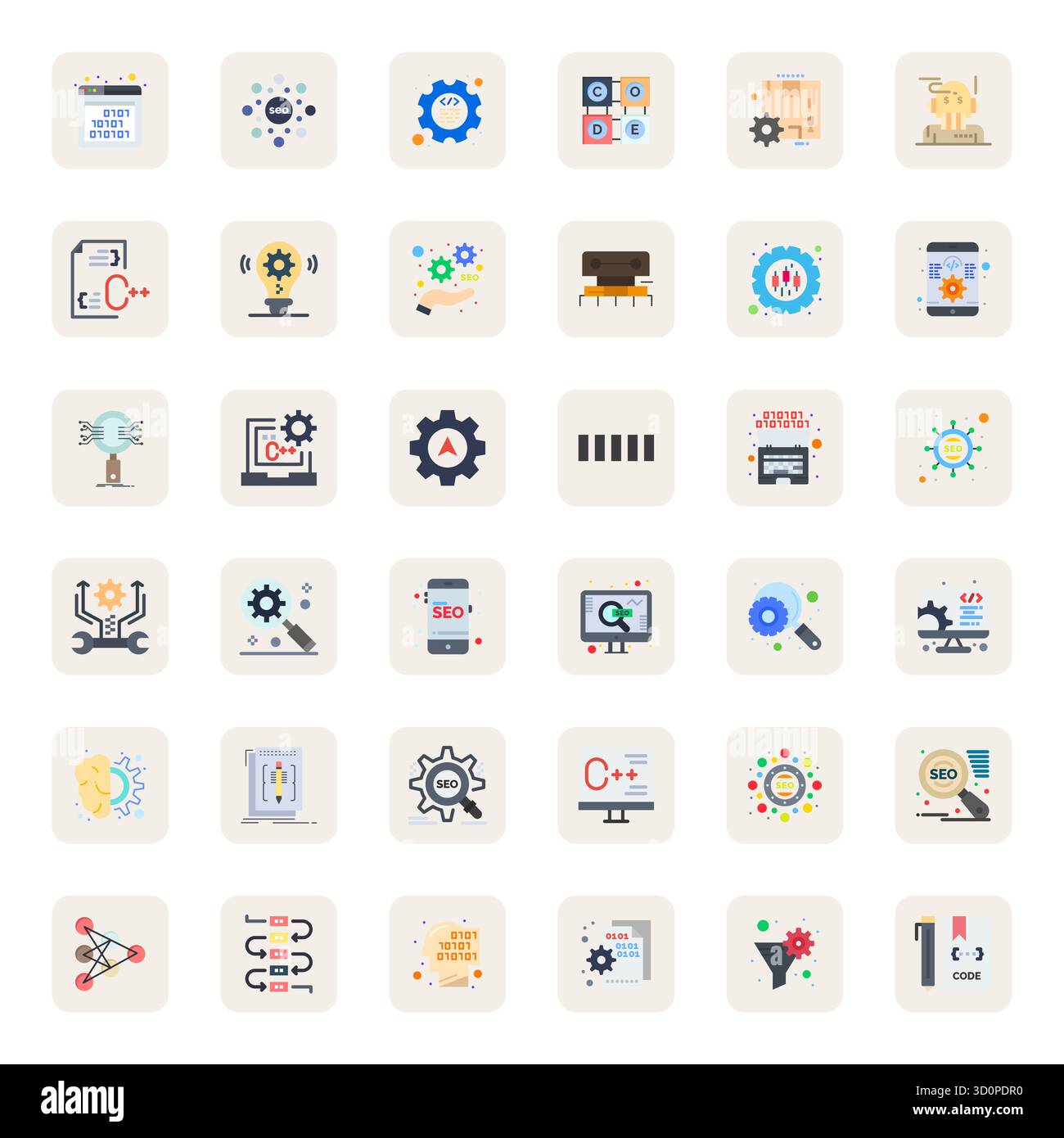 Komplettpaket mit 36 Vektorsymbolen rund um den Algorithmus, das flache Design in 128 x 128 Pixel optimierter Qualität für moderne Schnittstellen zeigt. Stock Vektor