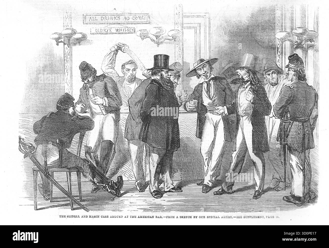 Die Trent Affäre, Argumentierte an einer amerikanischen Bar. Einen diplomatischen Zwischenfall im Jahre 1861, während des Amerikanischen Bürgerkrieges, der einen Krieg zwischen den Vereinigten Staaten und dem Vereinigten Königreich bedroht. Stockfoto
