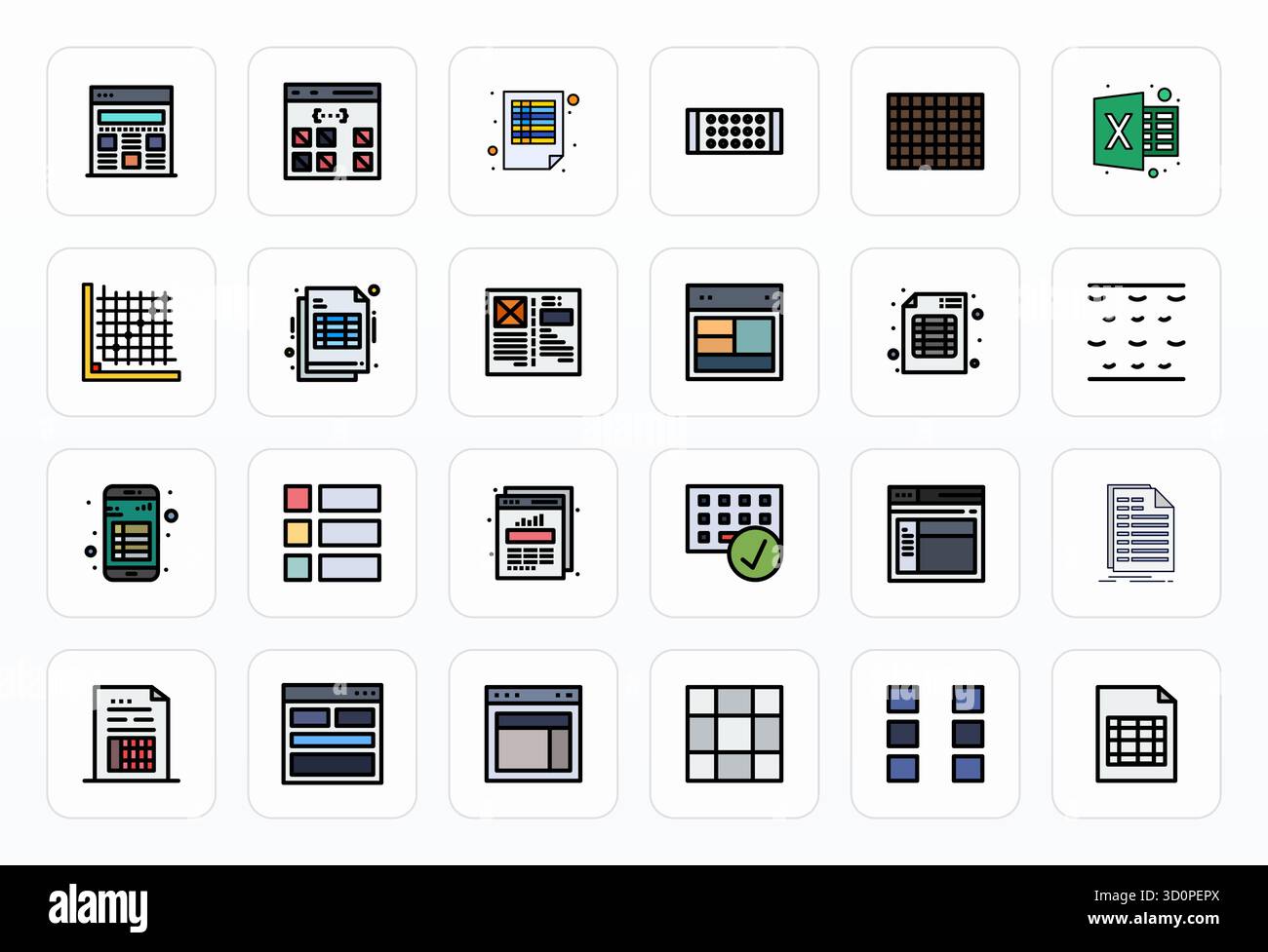 Ausgeklügeltes Paket mit 24 gefüllten Linien-Vektorsymbolen für Reihen, entwickelt mit Retina Ready Pixel optimierte Klarheit für professionelle Anwendungen. Stock Vektor