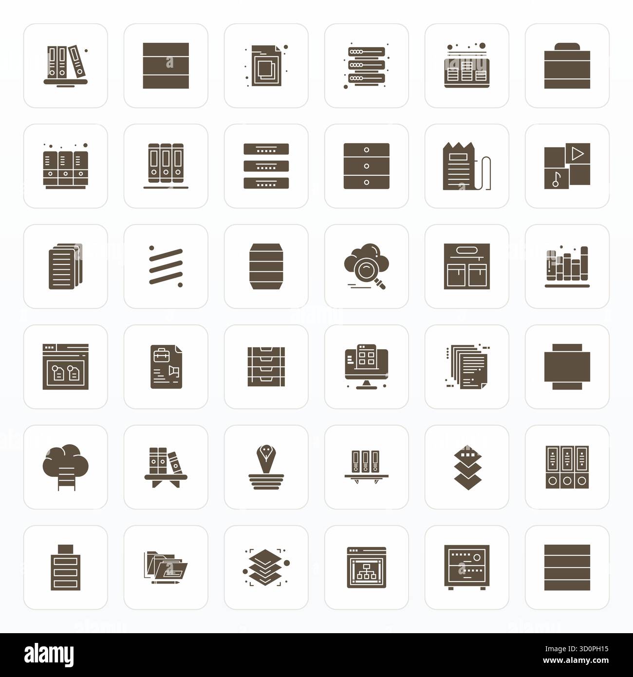 Komplettes Paket mit 36 Vektorsymbolen rund um Ordner, das Glyph-Design in 256 x 256 Pixel optimierter Qualität für moderne Schnittstellen zeigt. Stock Vektor