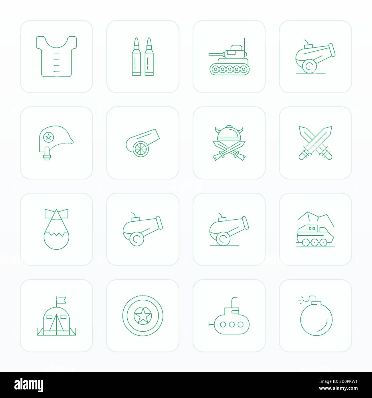 Innovatives Paket mit 16 Vektorsymbolen rund um Warfare, das Thin Line Design im Format 128x128 Pixel für moderne digitale Lösungen präsentiert. Stock Vektor
