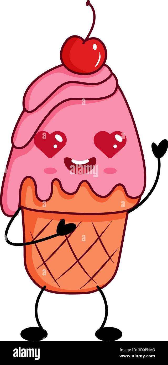 Im Vintage-Stil gehaltene Kawaii-Eiskegel mit sanften Farben und fröhlicher Stimmung, perfekt für Sommerverpackungen oder niedliche Branding-Elemente. Stock Vektor
