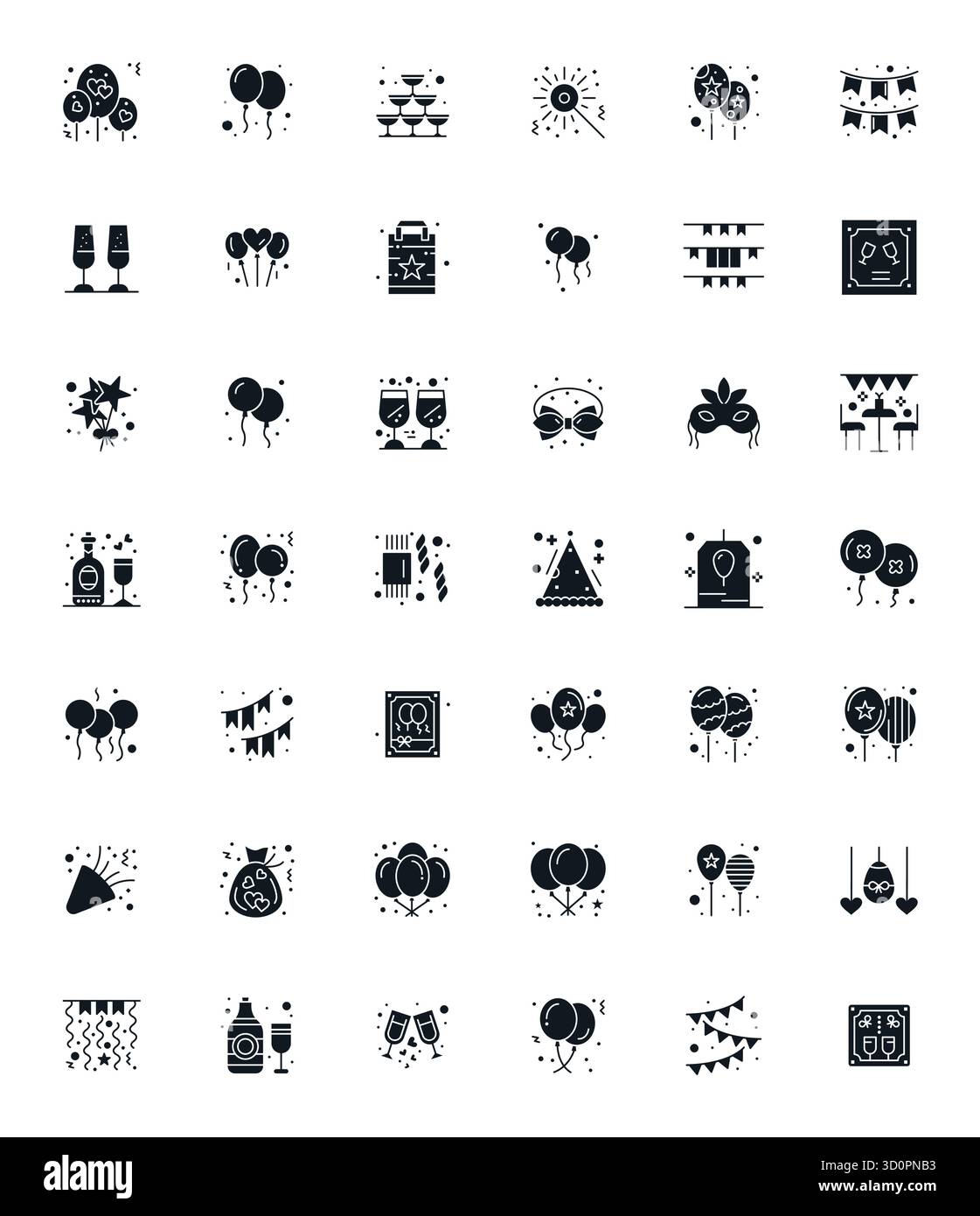 Set aus 42 bearbeitbaren Vektorsymbolen, die sich um Partyzubehör drehen, in einer Auflösung von 128x128 für eine nahtlose Integration in Apps und Websites. Stock Vektor