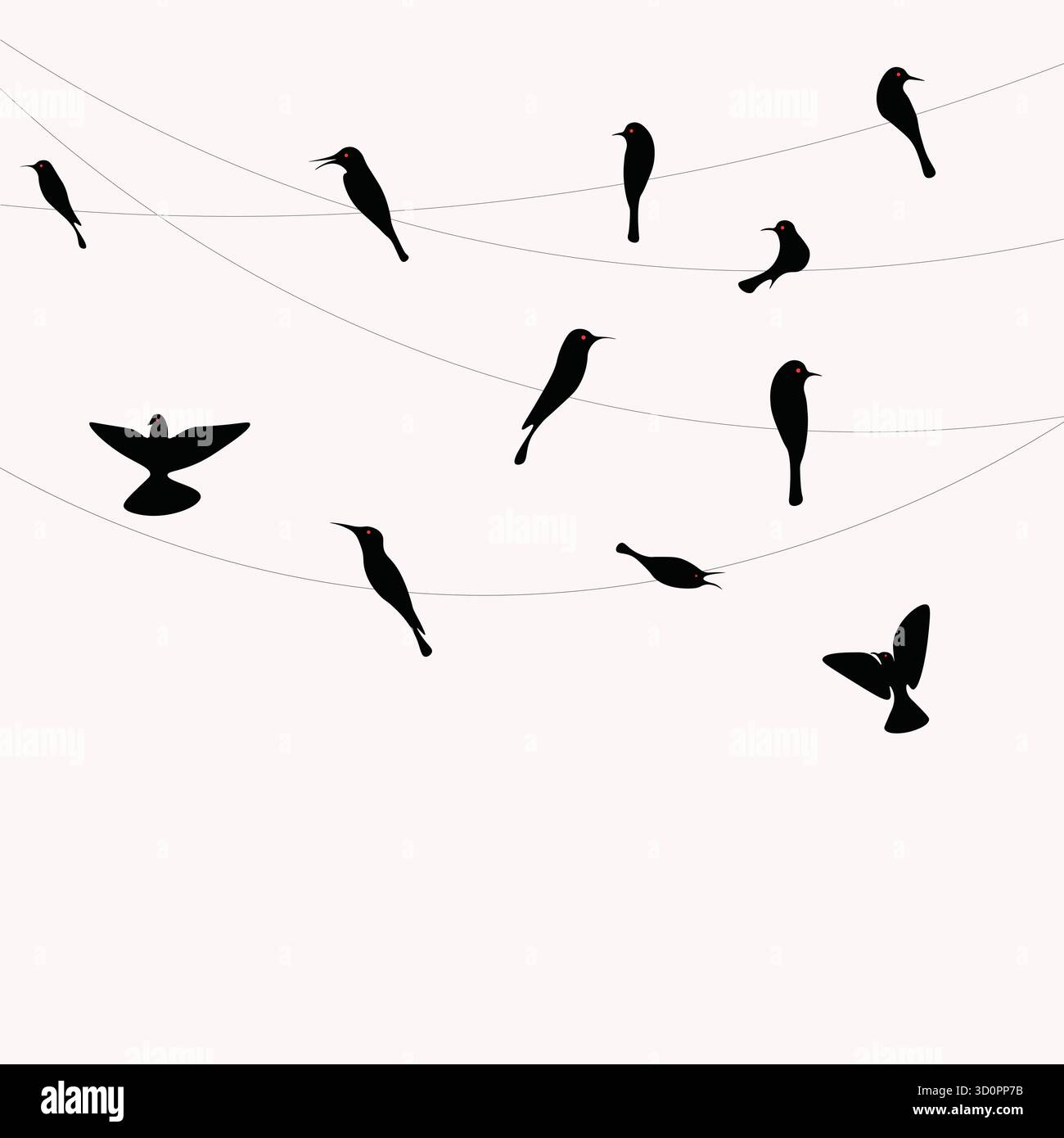 Minimales Vogel-Silhouettenmuster mit fliegenden und hoch sitzenden Vögeln auf Drähten, elegantes schwarzes Vektor-Design perfekt für modernes Dekor und Naturhintergründe Stock Vektor