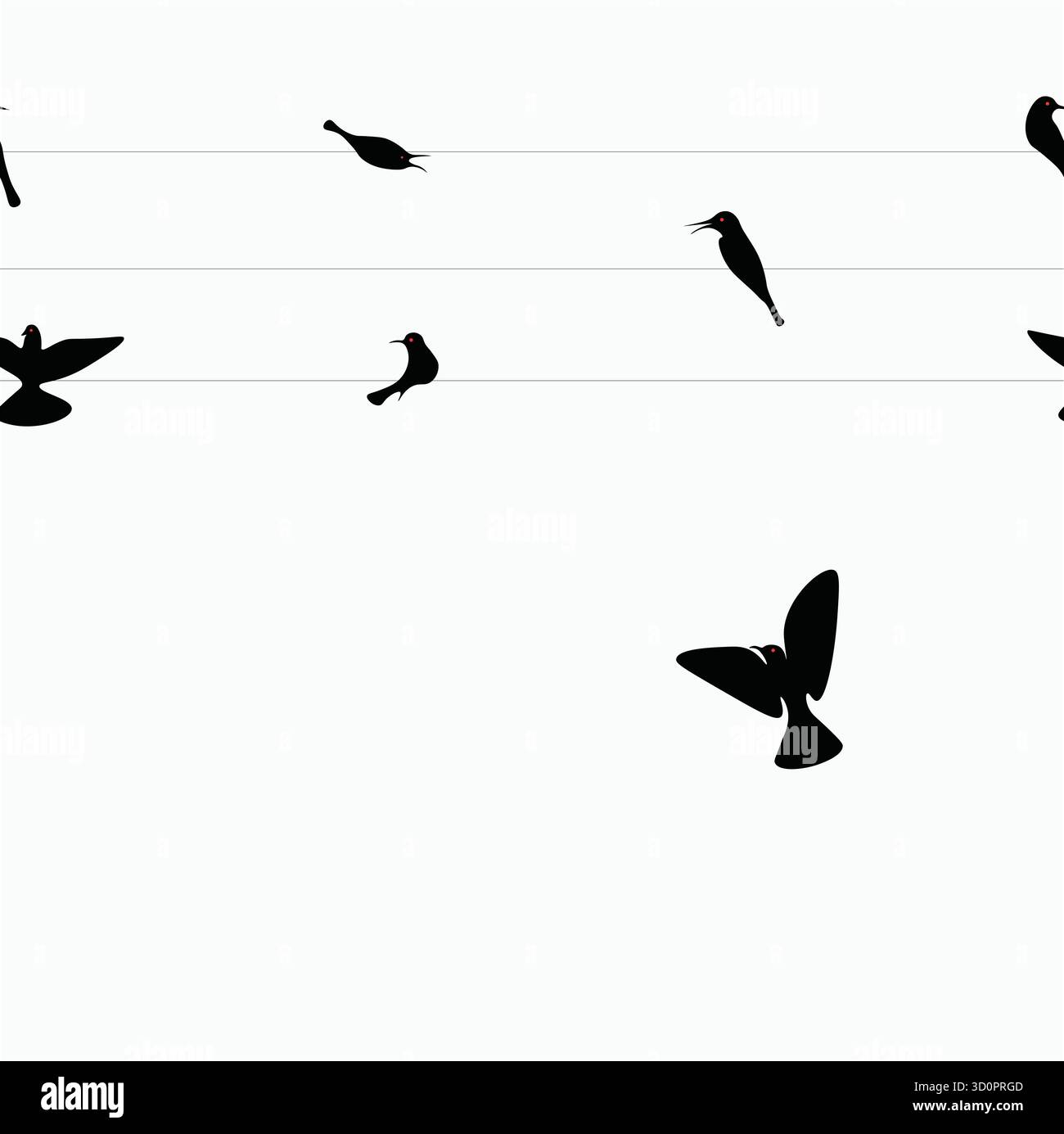 Minimale Vögel sitzen auf Draht Illustration mit eleganten schwarzen Silhouetten, friedlichem Naturdesign perfekt für moderne Wandkunst, Hintergründe und Dekor Stock Vektor