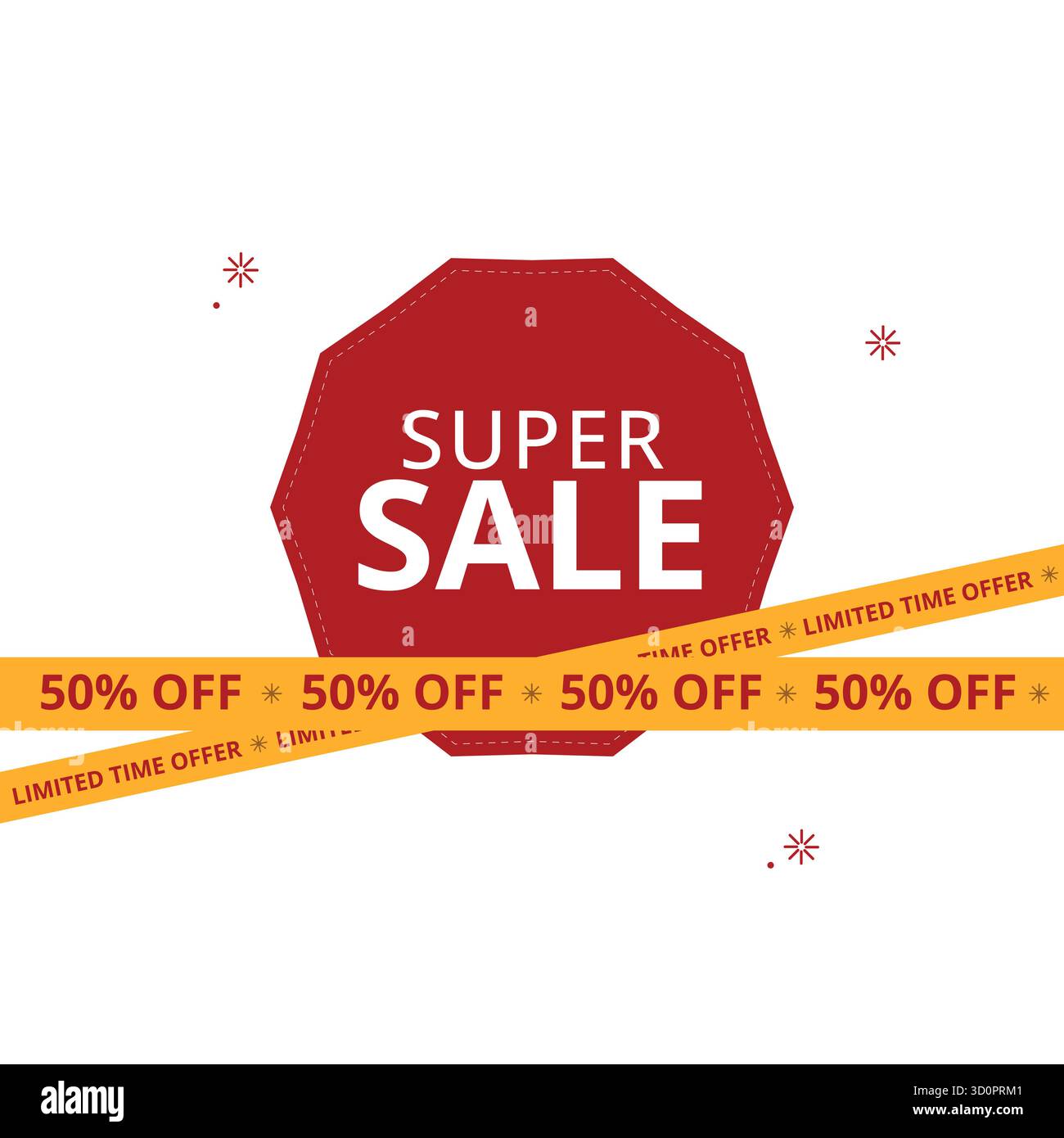 Rotes Super-Sale-Logo mit 50 % Rabatt auf zeitlich begrenzte Angebotsbänder, Werbebanner für Einzelhandelsrabatte für E-Commerce- und Marketing-Anzeigen Stock Vektor