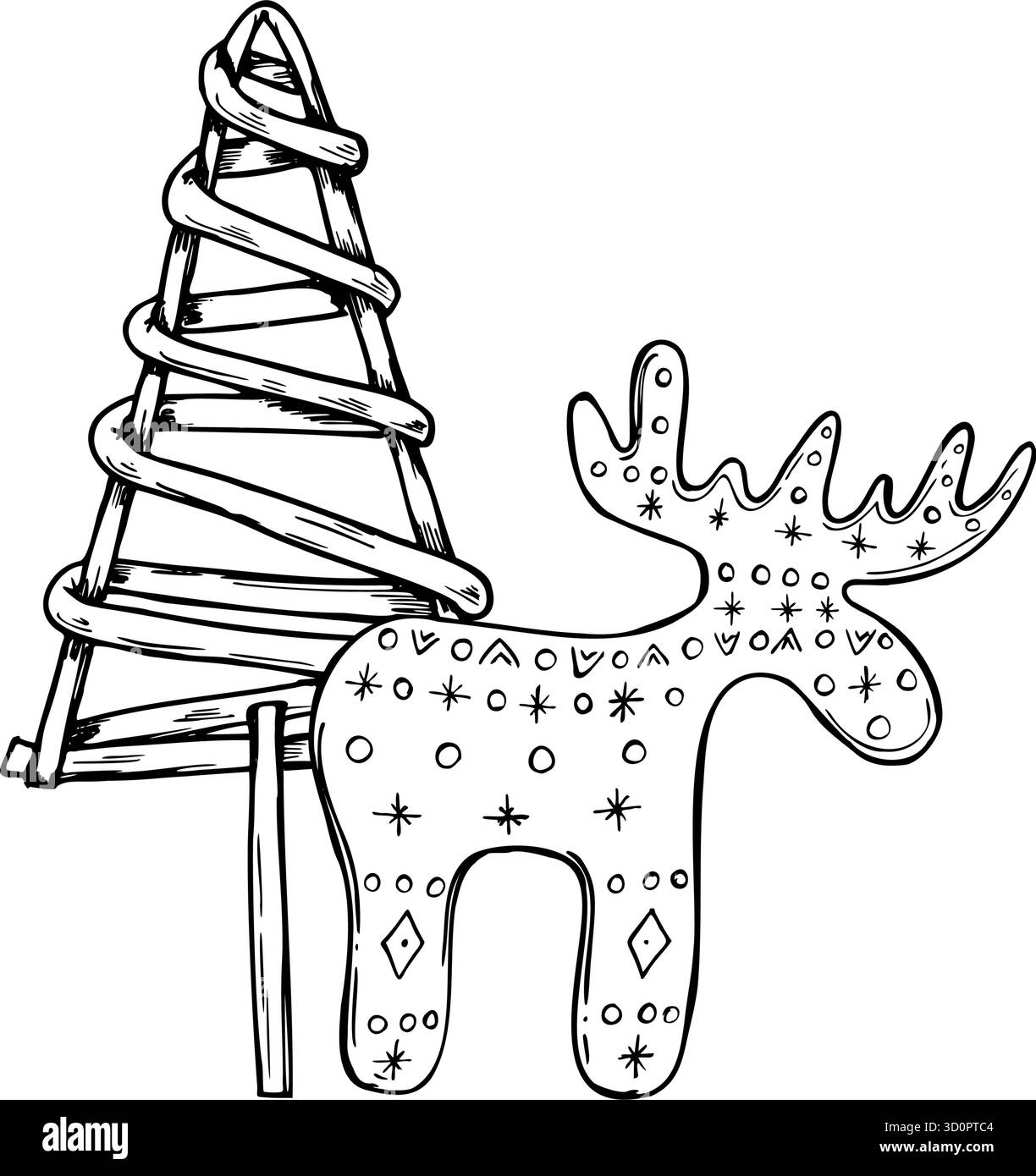 Weidenweihnachtsbaum und hölzerne Hirschtier Figur in skandinavischer Stil monochrome Vektor Illustration. Silhouette mit traditionellen nordischen Mustern Stock Vektor