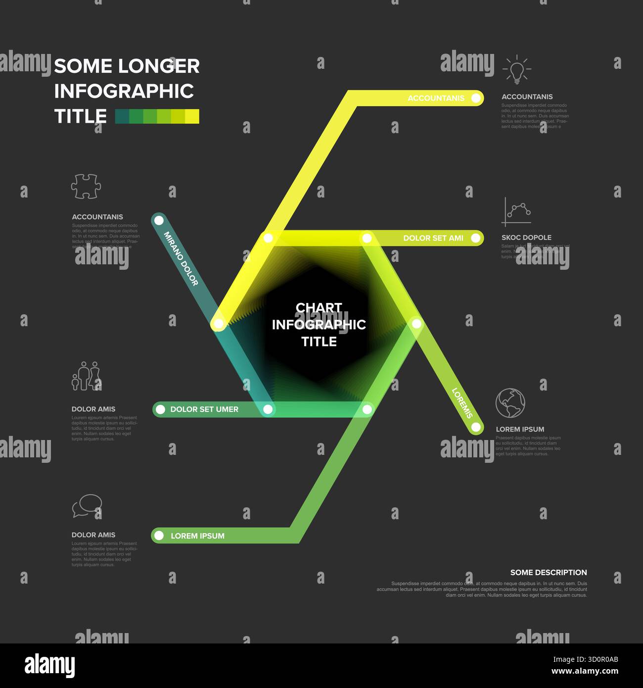 Designvorlage für sechseckige Infografiken mit dunklem Hintergrund. Diese Infografik zeigt eine zentrale sechseckige Form und sechs verbundene Knoten, i Stock Vektor