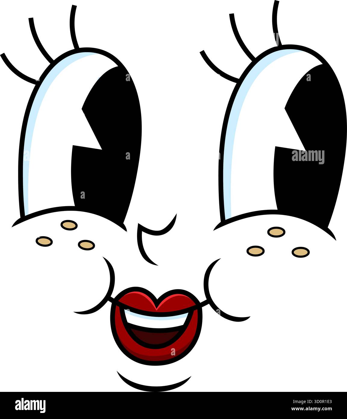 Retro Cartoon Lächelndes Mädchen Gesicht Mit Großen Augen, Wimpern, Roten Lippen Und Freckles. 30er Jahre Vintage-Animationsstil Stock Vektor