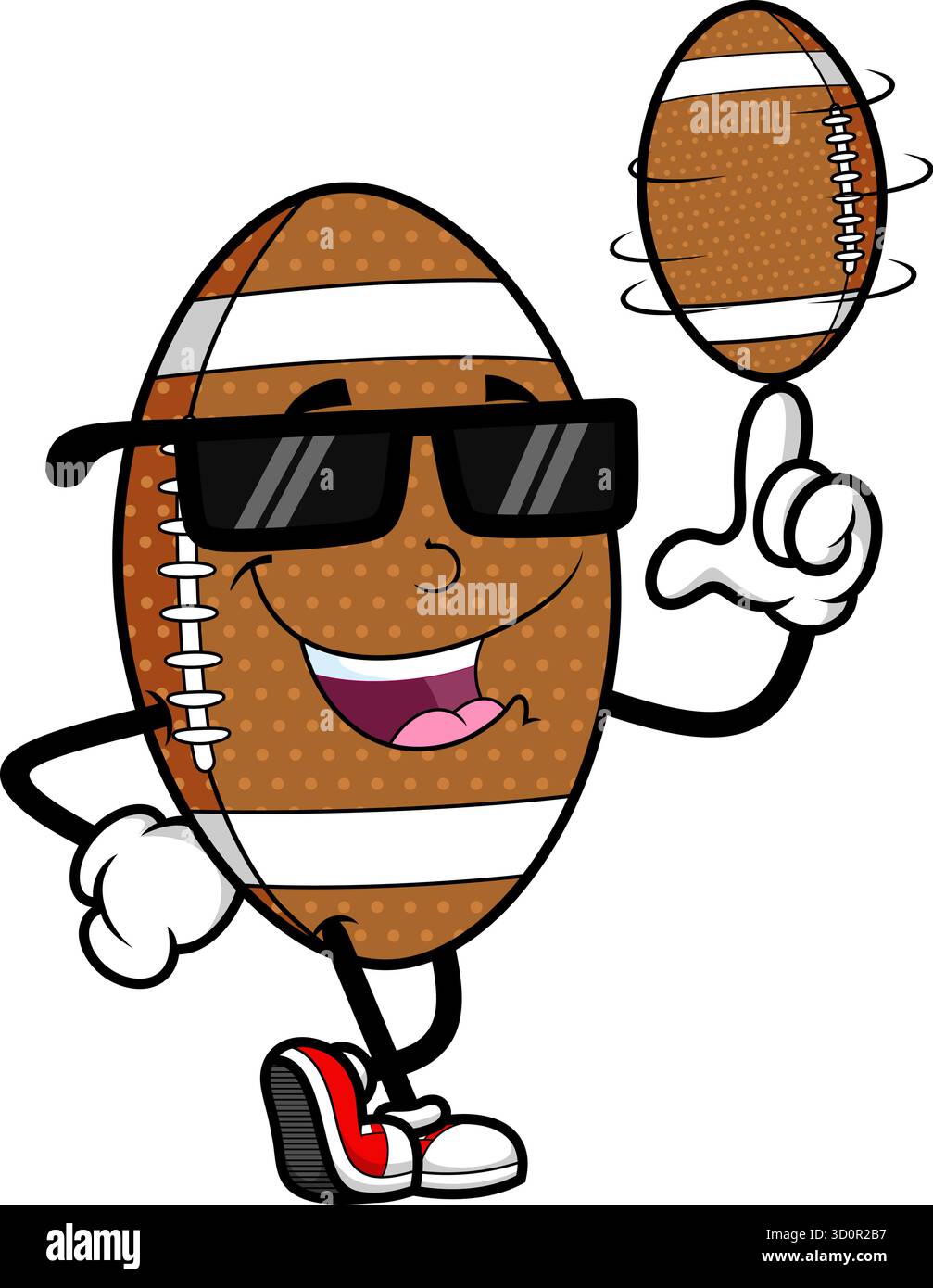 Cool American Football Mascot Spinning Ball Auf Finger - Vektor Hand Gezeichnete Illustration Isoliert Auf Transparentem Hintergrund Stock Vektor