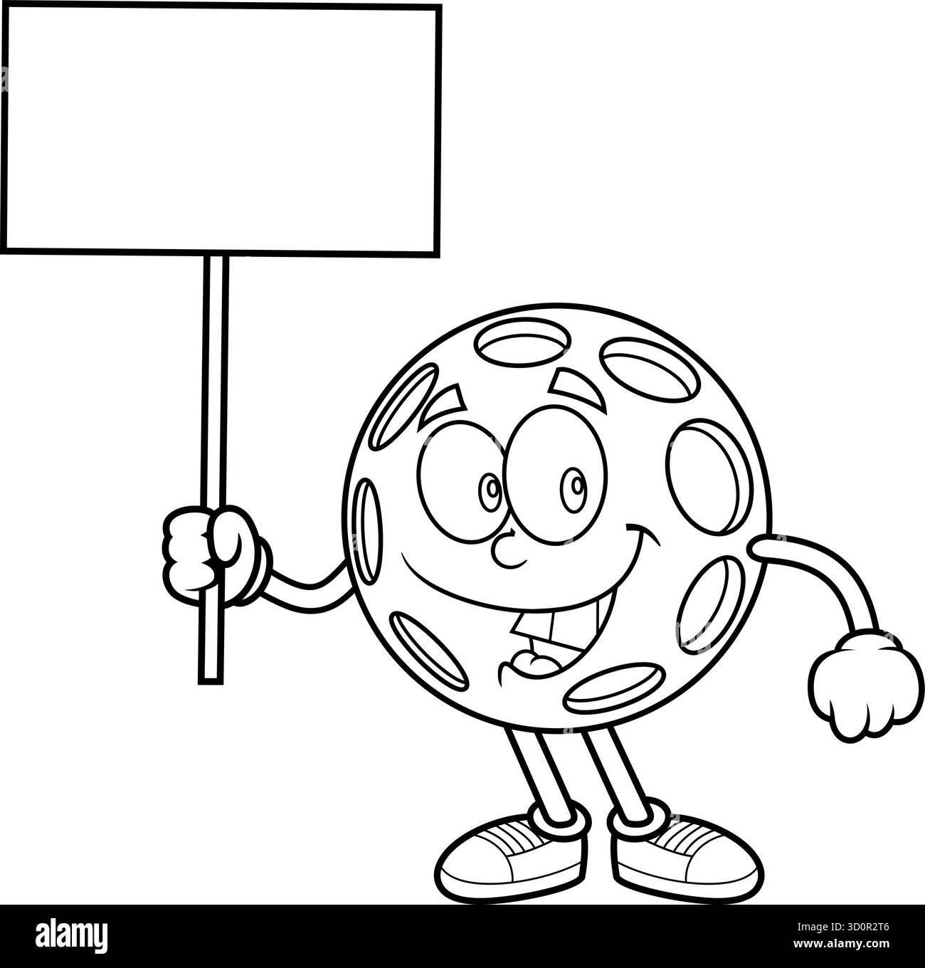 Pickleball Charakter Hält Leeres Schild Lächelnd - Schwarz-Weiß-Vektor Hand Gezeichnete Illustration Isoliert Auf Transparentem Hintergrund Stock Vektor
