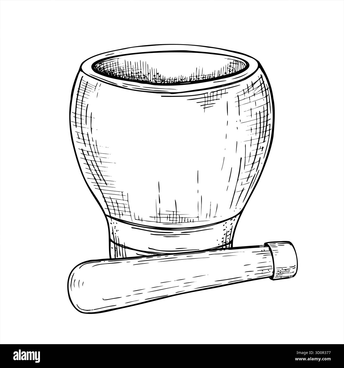 Leerer Holzmörtel und Pistill in der Nähe des Vektors isolierte Illustration in linearer Art. Ätzzeichnung von Küchengeschirr zum Mahlen von Gewürzen, Pflanzen. Stock Vektor