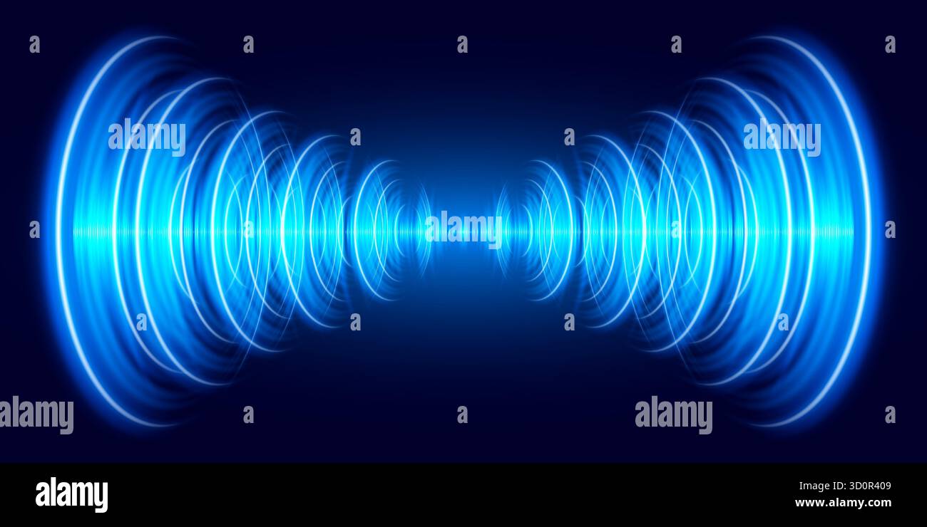 Futuristische kreisförmige Schallwellen. Geräuschexplosion. Elektronische Musikvisualisierung. Runder Lichteffekt. Funksignalkreis. Hintergrund des Audio-Equalizers. Stock Vektor