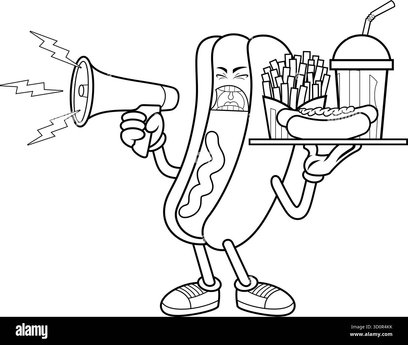 Hot Dog Cartoon Maskottchen Charakter Schreien Durch Megaphone Und Halten Fast Food Tablett - Vektor Hand Gezeichnete Illustration Stock Vektor