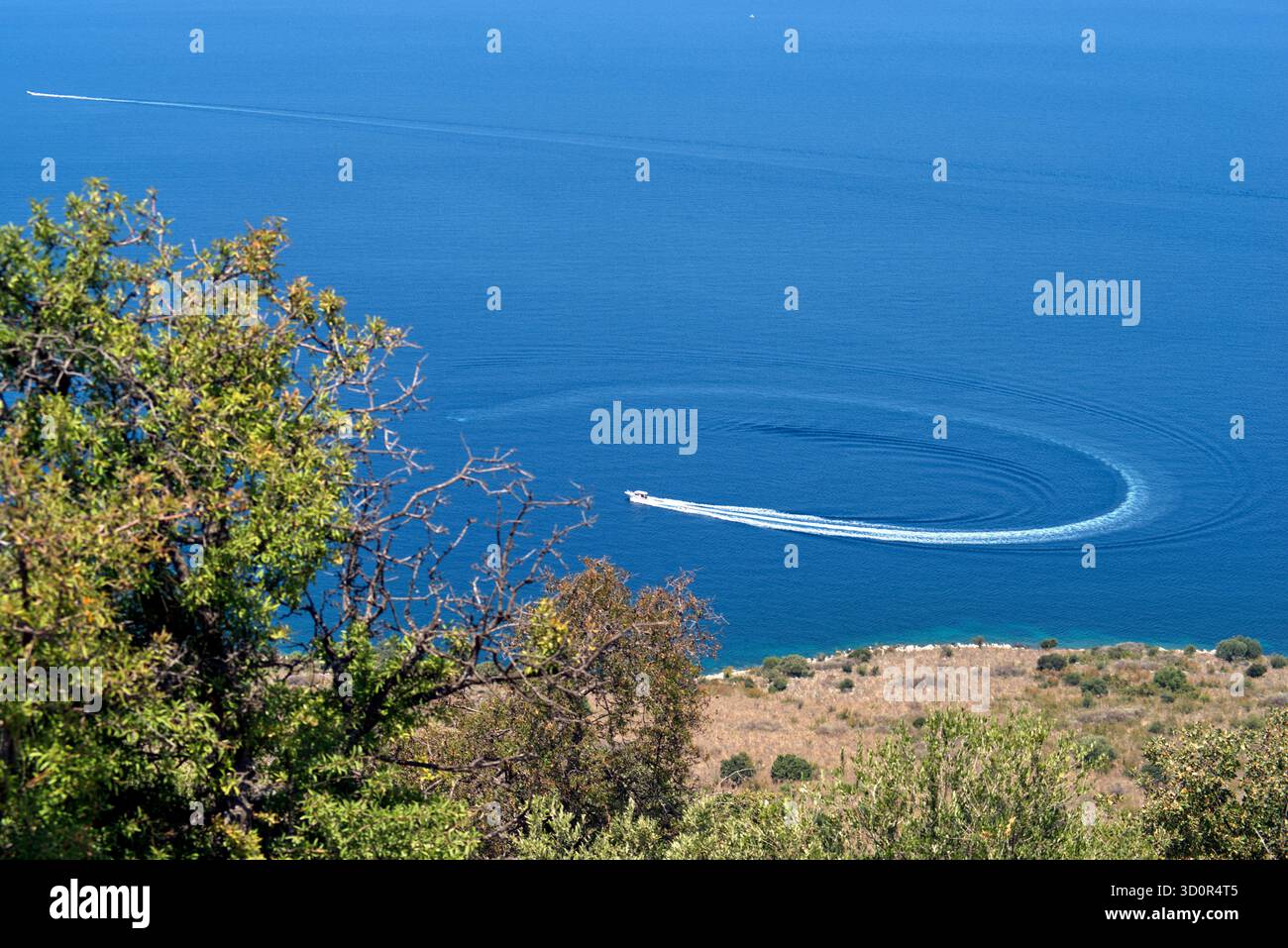 vista di un albero contro la costa rocciosa e la scia di un motoscafo sul Mare Stockfoto