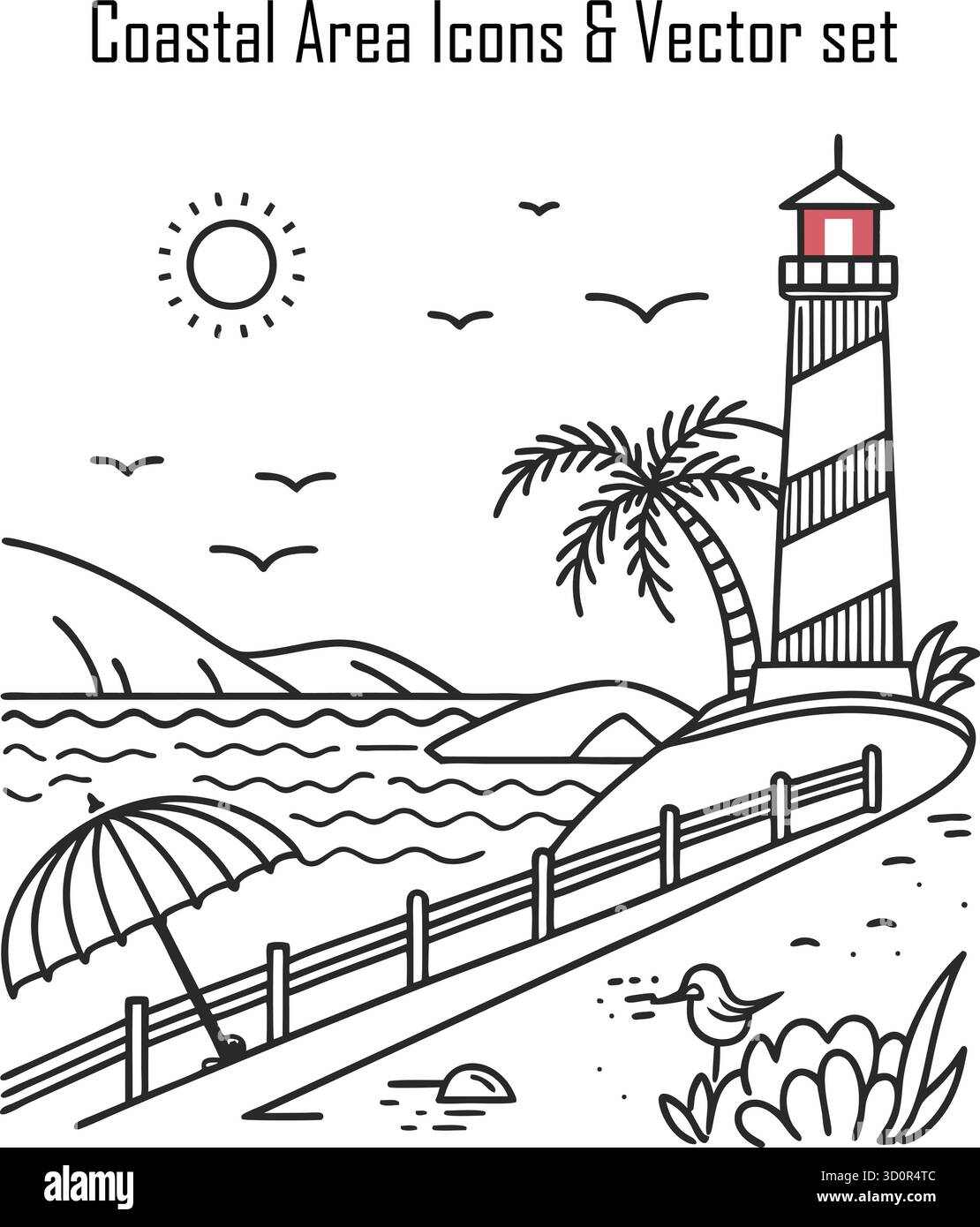Küstensymbol, Strand, Küste und Küste Vektor-Illustration, Natur- und Reisesymbol Stock Vektor