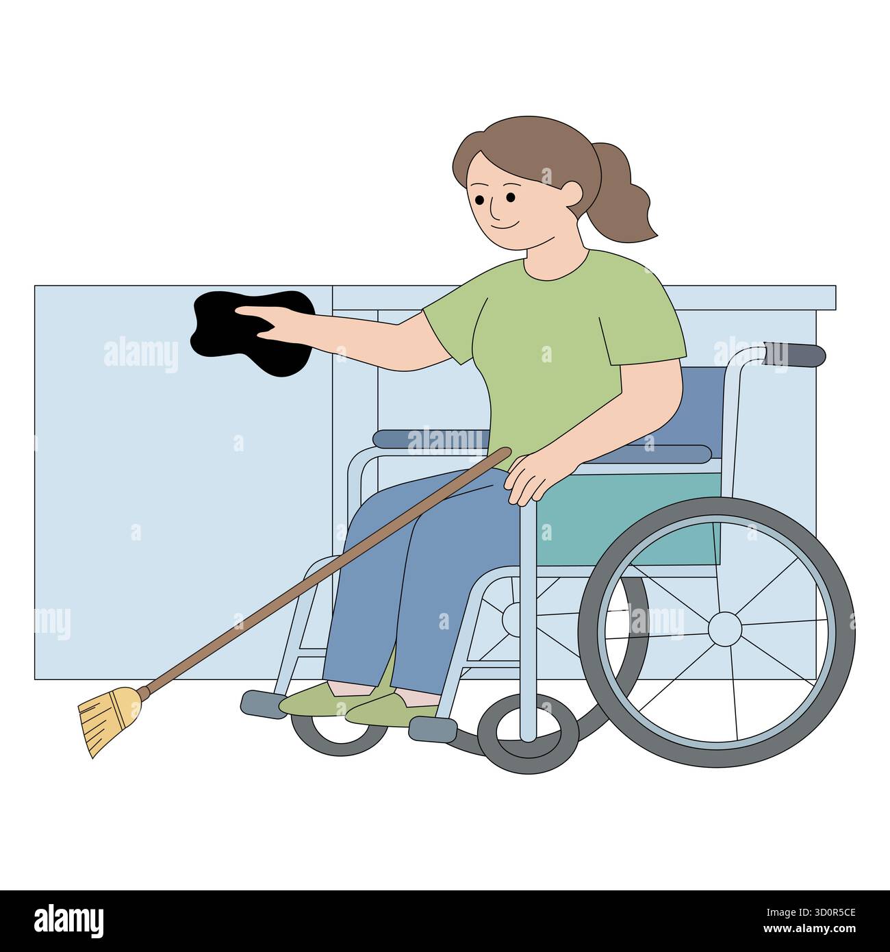 Eine Illustration einer behinderten Frau im Rollstuhl, die mit einem Tuch und einem Wischtuch eine Theke reinigt, um Inklusivität und Unabhängigkeit bei der täglichen Arbeit zu fördern. Stock Vektor