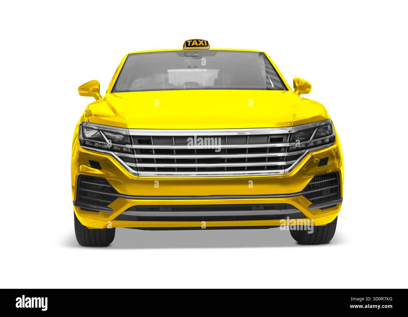 Taxiservice. Gelbes Auto mit oberem Schild auf weiß Stockfoto
