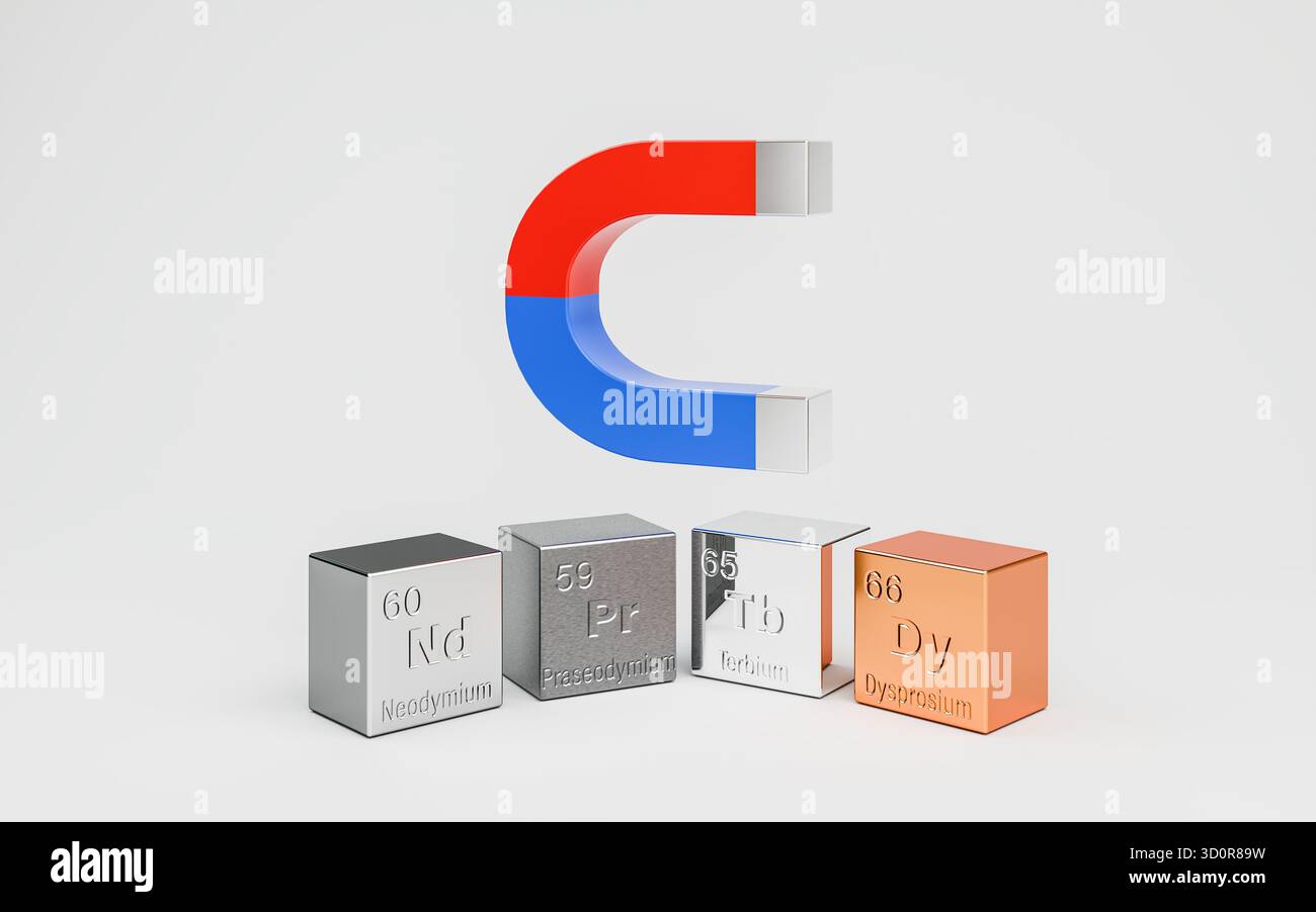 Seltenerdkonzept: Elemente, die für Permanentmagnete, Windturbinen und Elektromotoren verwendet werden. Würfel für Neodym, Praseodym, Terb Stockfoto