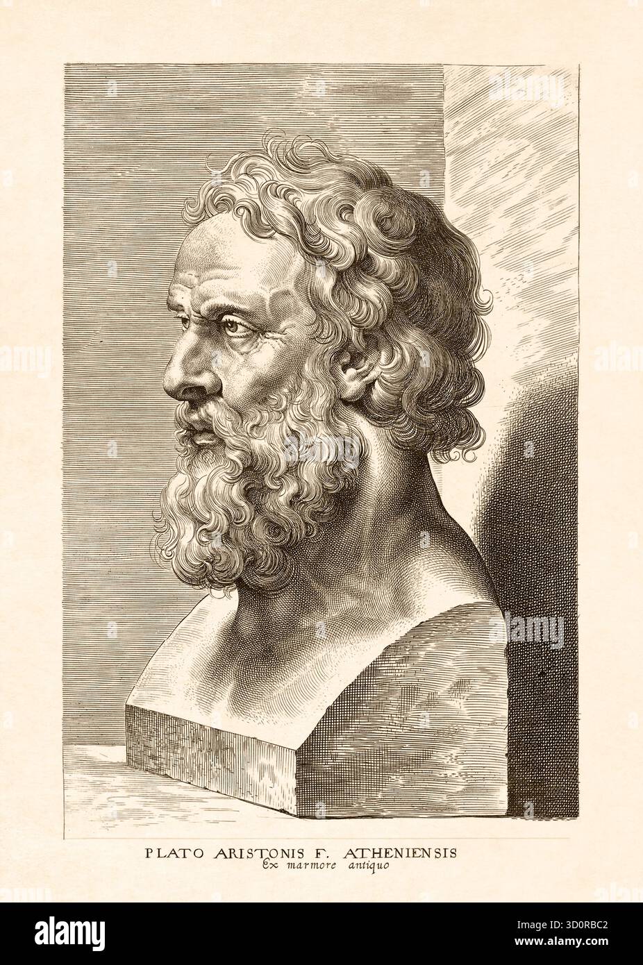 Kupferstich nach einem Werk von Paul Rubens, das die Büste des griechischen Philosophen Platon darstellt. Stockfoto