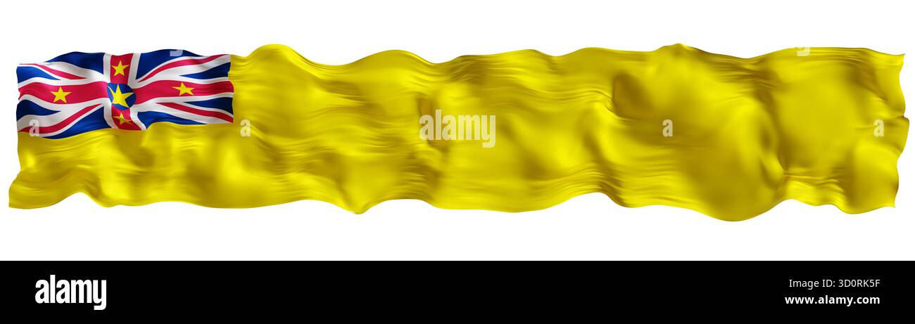 Stilisierte Flagge von Niue winkt im Wind, isoliert auf weißem Hintergrund. Fußzeile, Kopfzeile oder Trennzeichen. Breiten Panoramaausschnitt. Banner für Patriot Stockfoto