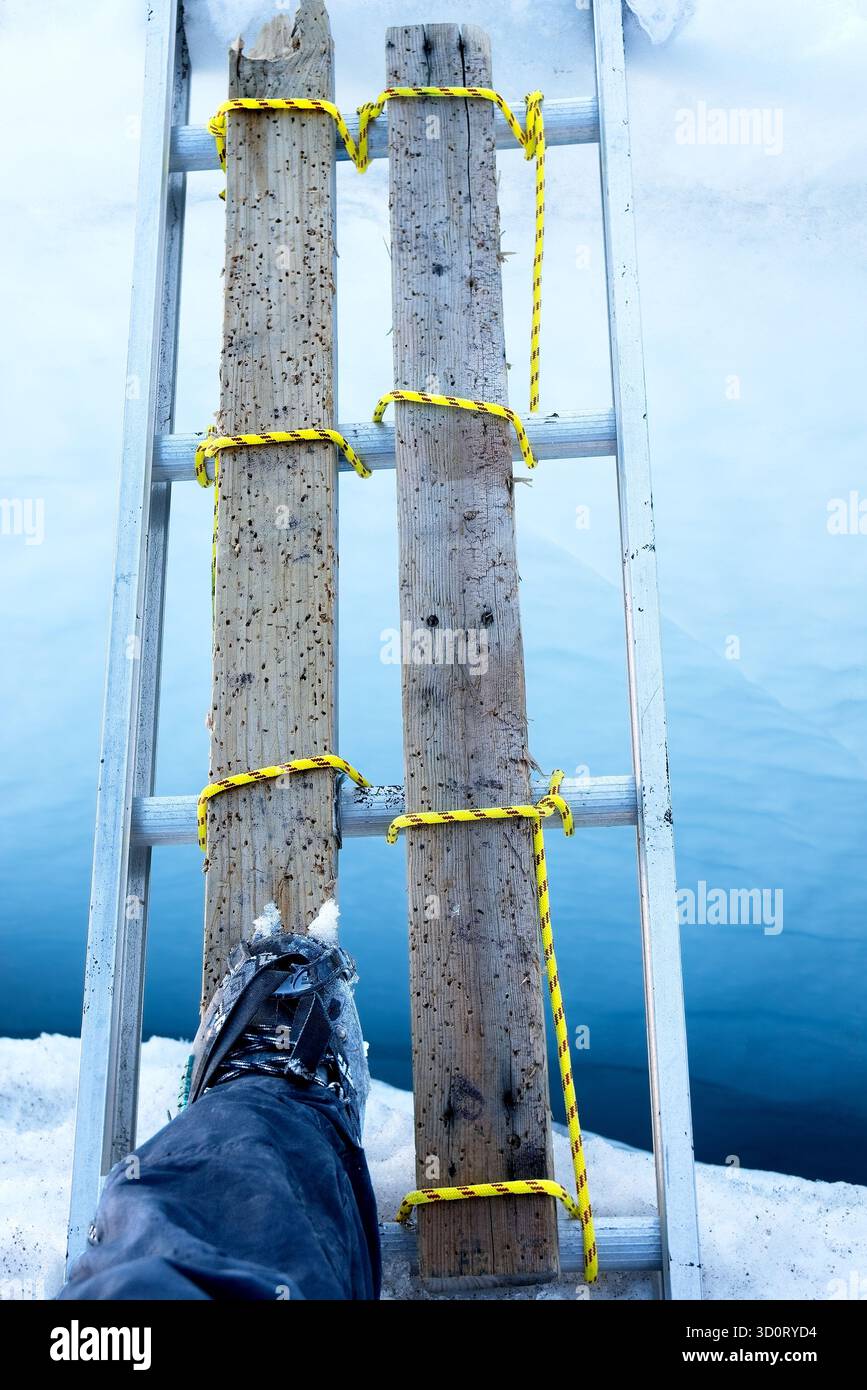 Eine Nahaufnahme der Überquerung einer Leiter über einer Spalte bei 400 m auf der Enttäuschung-Cleaver-Route am Mount Rainer. Washington. Stockfoto