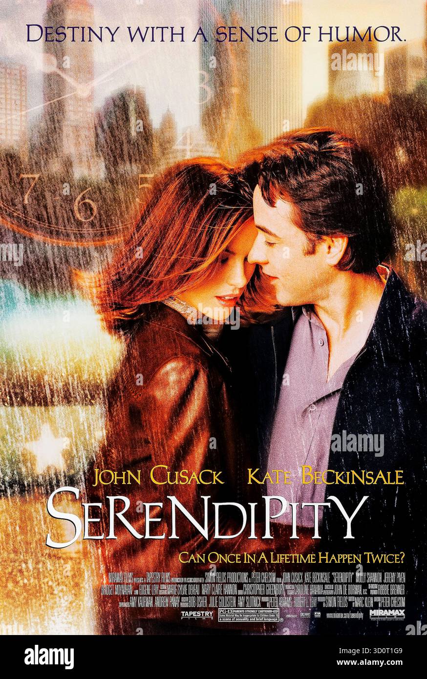 Serendipity (2001) unter der Regie von Peter Chelsom mit John Cusack, Kate Beckinsale und Jeremy Piven. Zwei Fremde treffen sich zufällig in New York und Jahre später versuchen, sich wieder zu vereinen, in dem Glauben, dass das Schicksal sie zusammenbringen wird. Foto eines Original-Posters aus dem Jahr 2001 (USA), das NUR FÜR REDAKTIONELLE ZWECKE VERWENDET WIRD. Quelle: BFA/Miramax Stockfoto